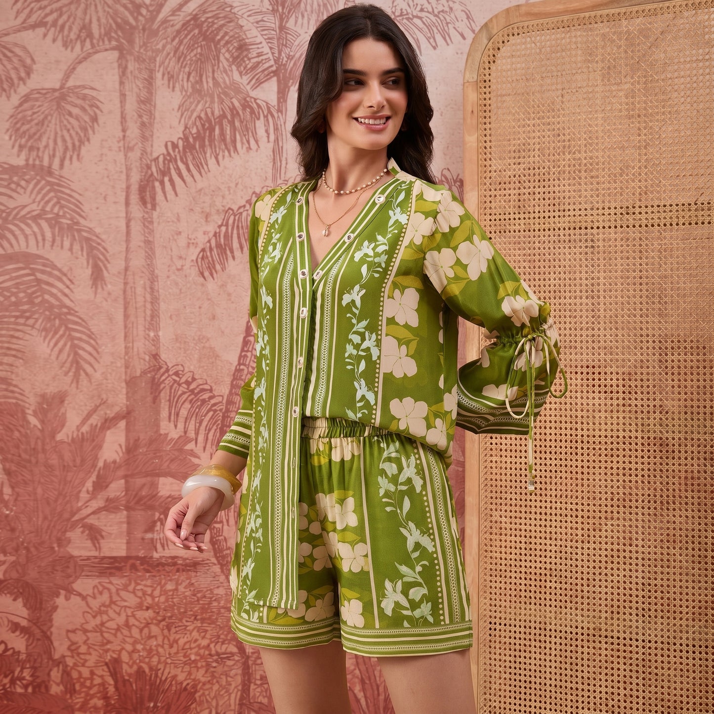 Light Green Floral Mirror Embroidered Tassel Co-Ord Set