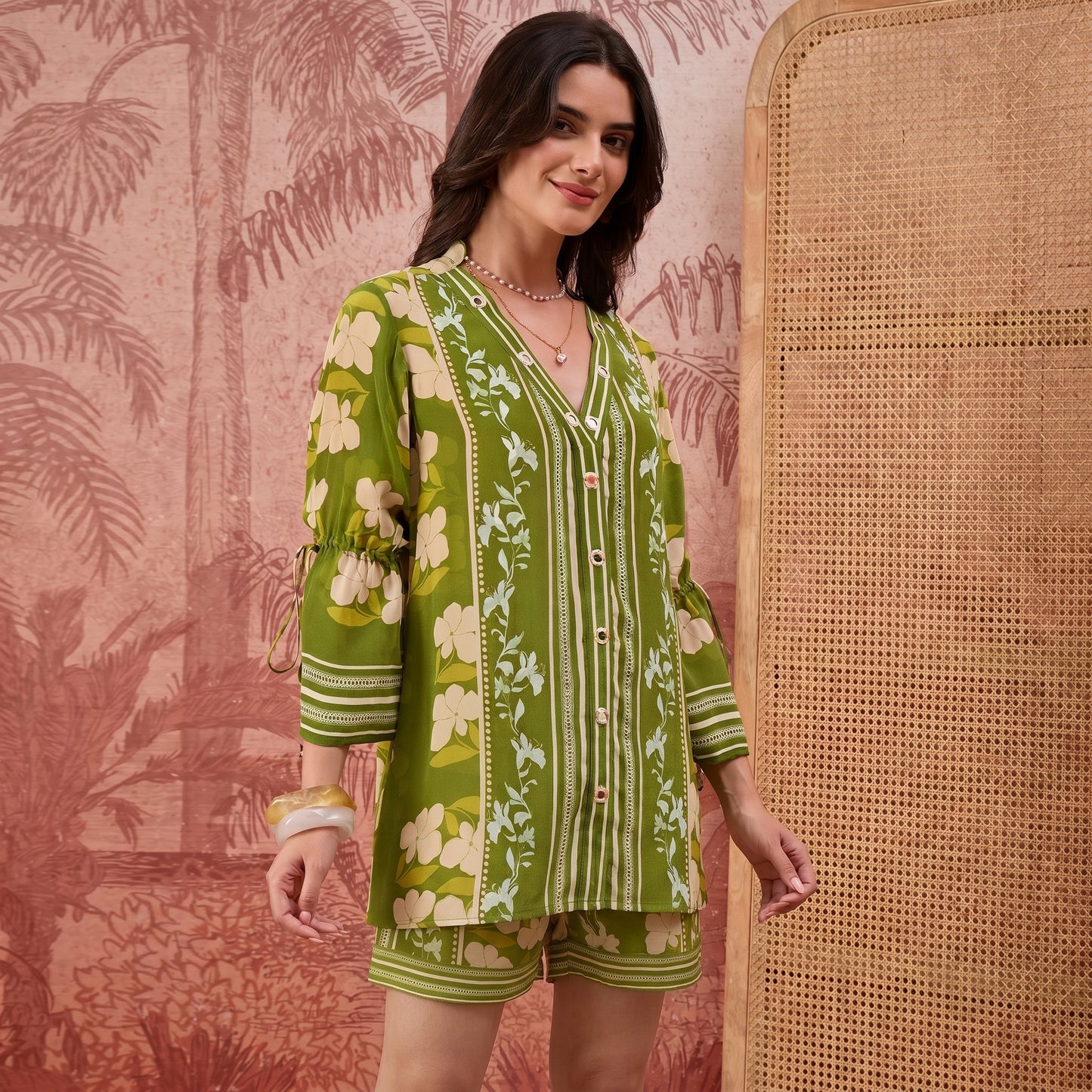 Light Green Floral Mirror Embroidered Tassel Co-Ord Set