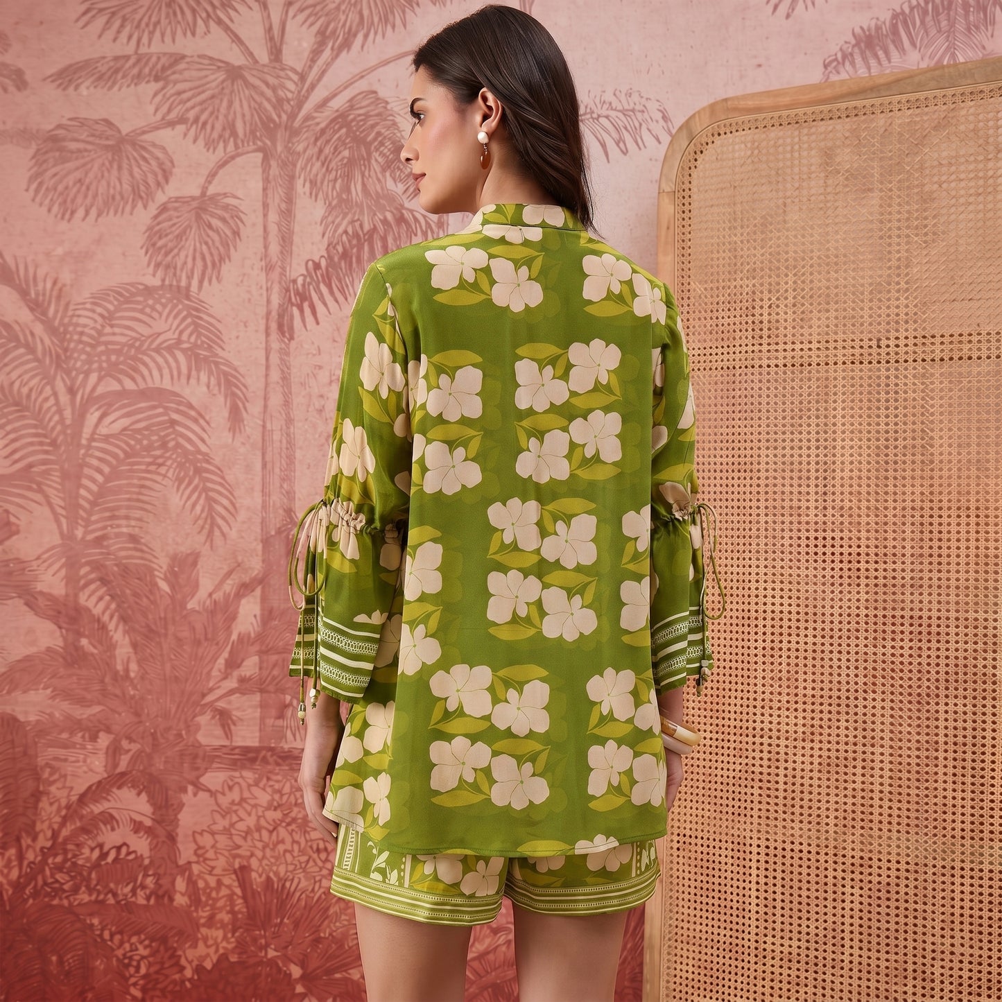 Light Green Floral Mirror Embroidered Tassel Co-Ord Set