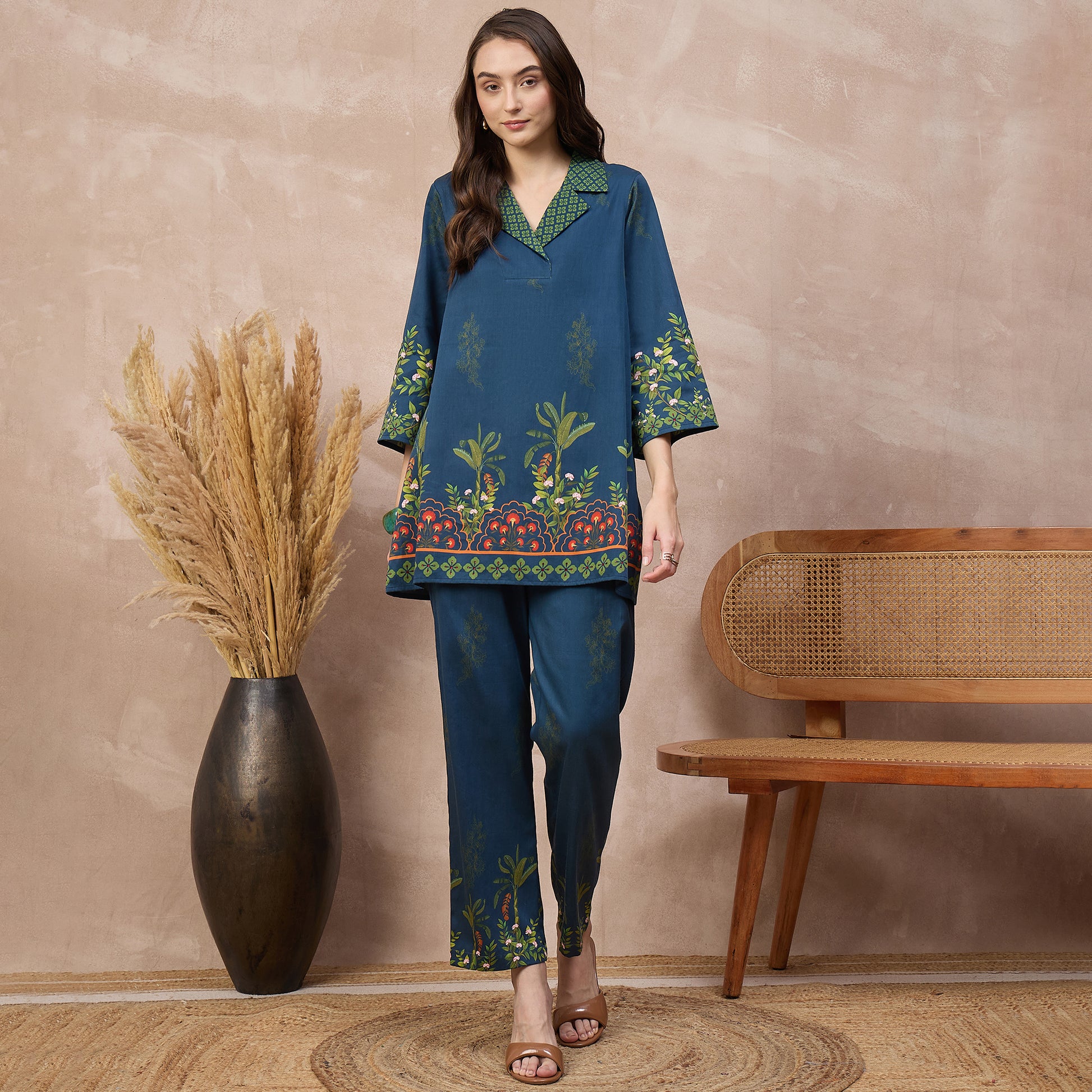 Blue Floral Print Set for Women – Cotton Satin | First Resort by Ramola Bachchan