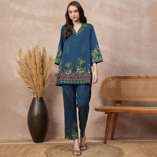 Blue Floral Print Set for Women – Cotton Satin | First Resort by Ramola Bachchan