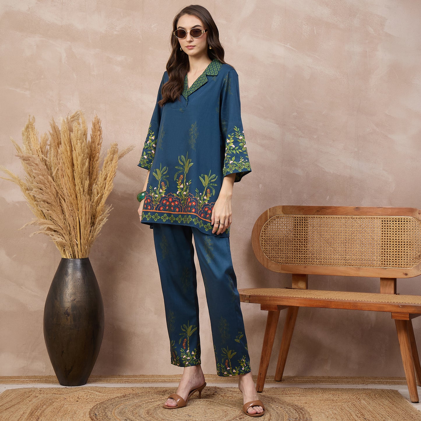 Blue Floral Print Set for Women – Cotton Satin – Front View | First Resort by Ramola Bachchan