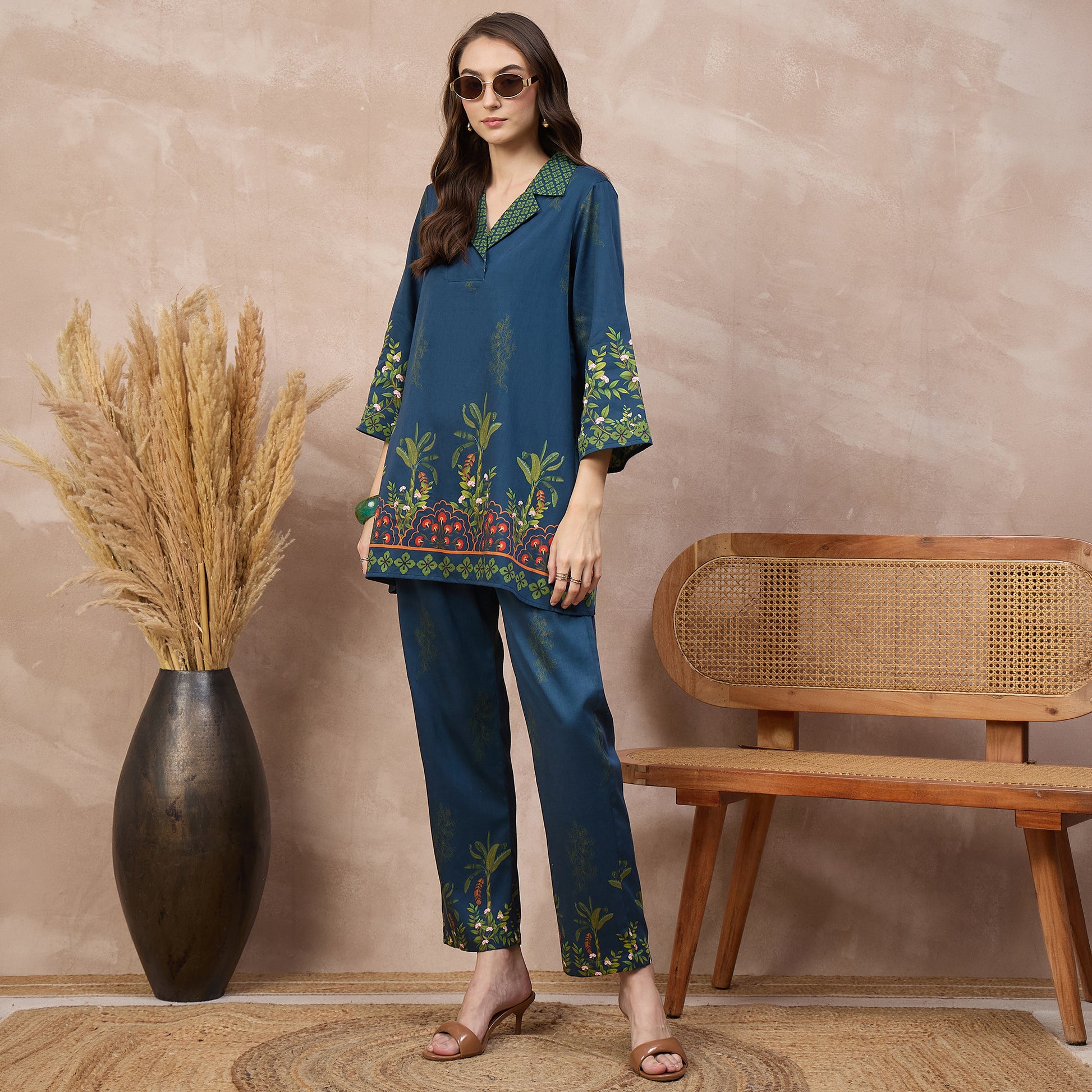 Blue Floral Print Set for Women – Cotton Satin – Front View | First Resort by Ramola Bachchan