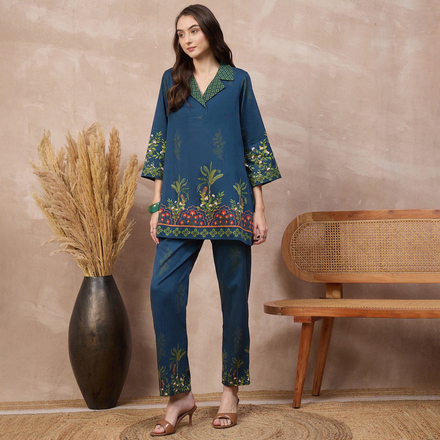 Blue Floral Print Set for Women – Cotton Satin – Model View | First Resort by Ramola Bachchan