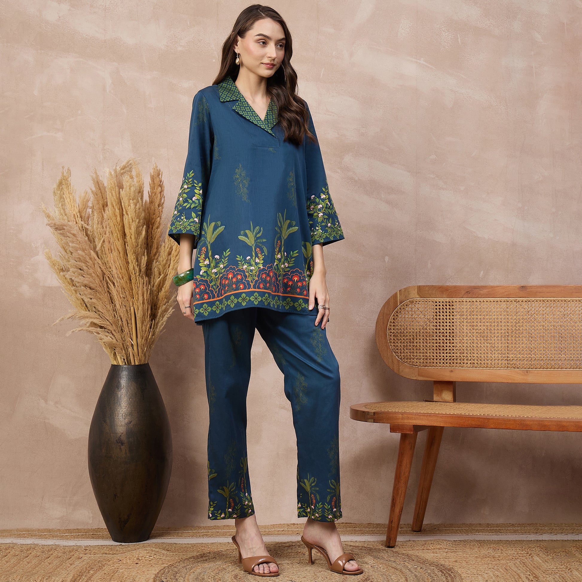 Blue Floral Print Set for Women – Cotton Satin – Side View | First Resort by Ramola Bachchan