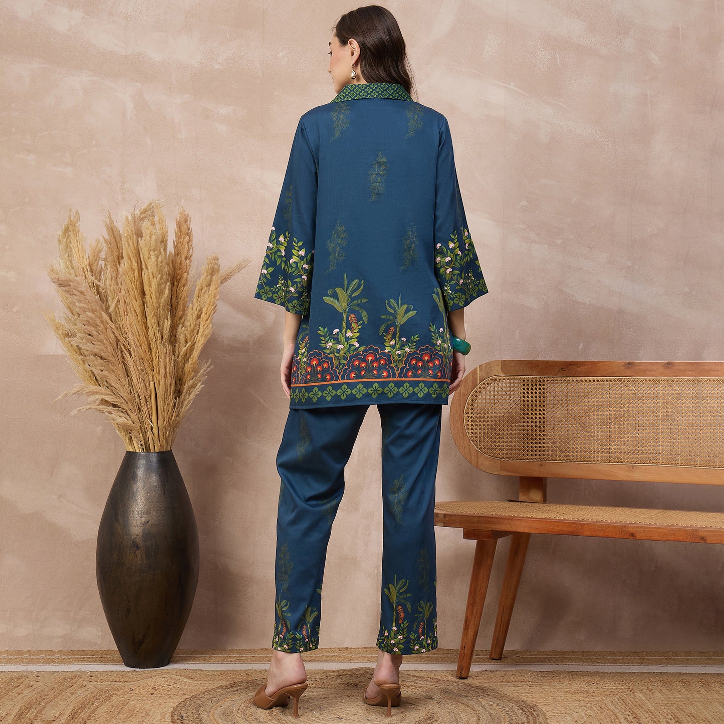 Blue Floral Print Set for Women – Cotton Satin – Detail View | First Resort by Ramola Bachchan