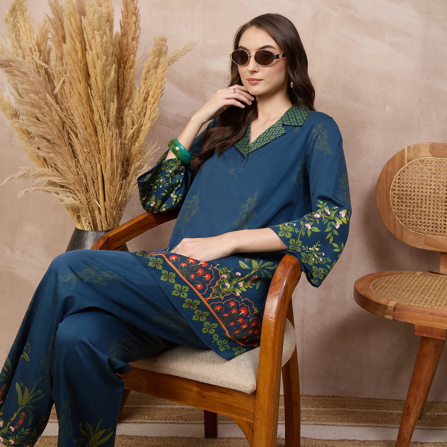 Blue Floral Print Set for Women – Cotton Satin – Back View | First Resort by Ramola Bachchan