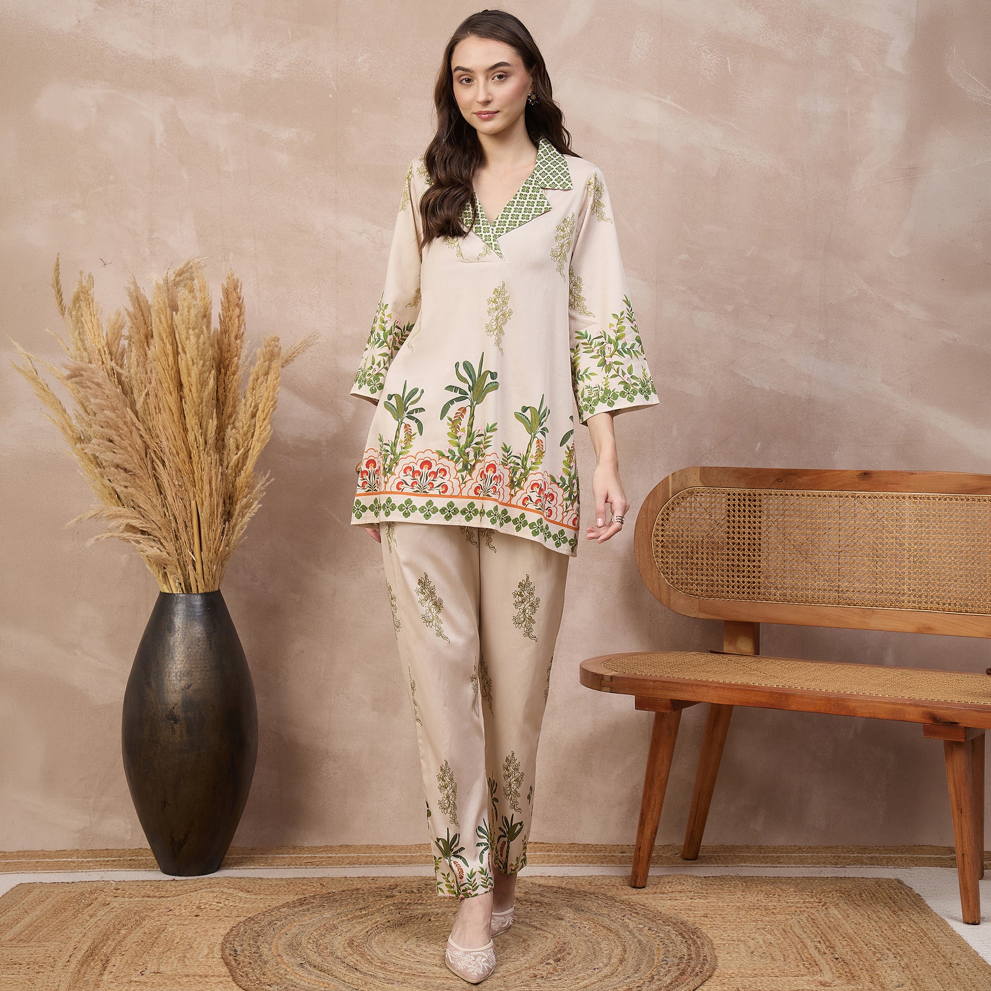 Cream Floral Print Set for Women – Cotton Satin | First Resort by Ramola Bachchan