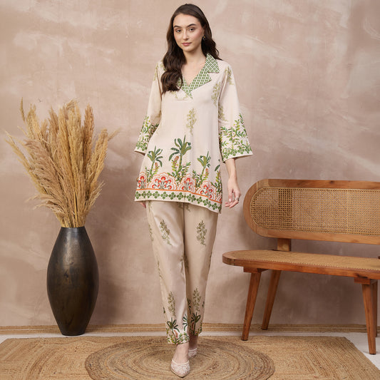 Cream Floral Print Set for Women – Cotton Satin | First Resort by Ramola Bachchan