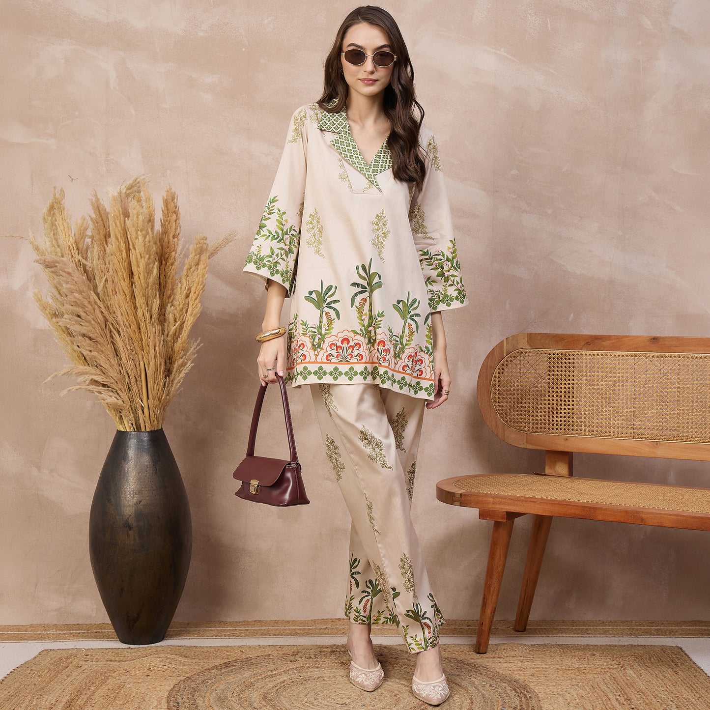 Cream Floral Print Set for Women – Cotton Satin – Front View | First Resort by Ramola Bachchan