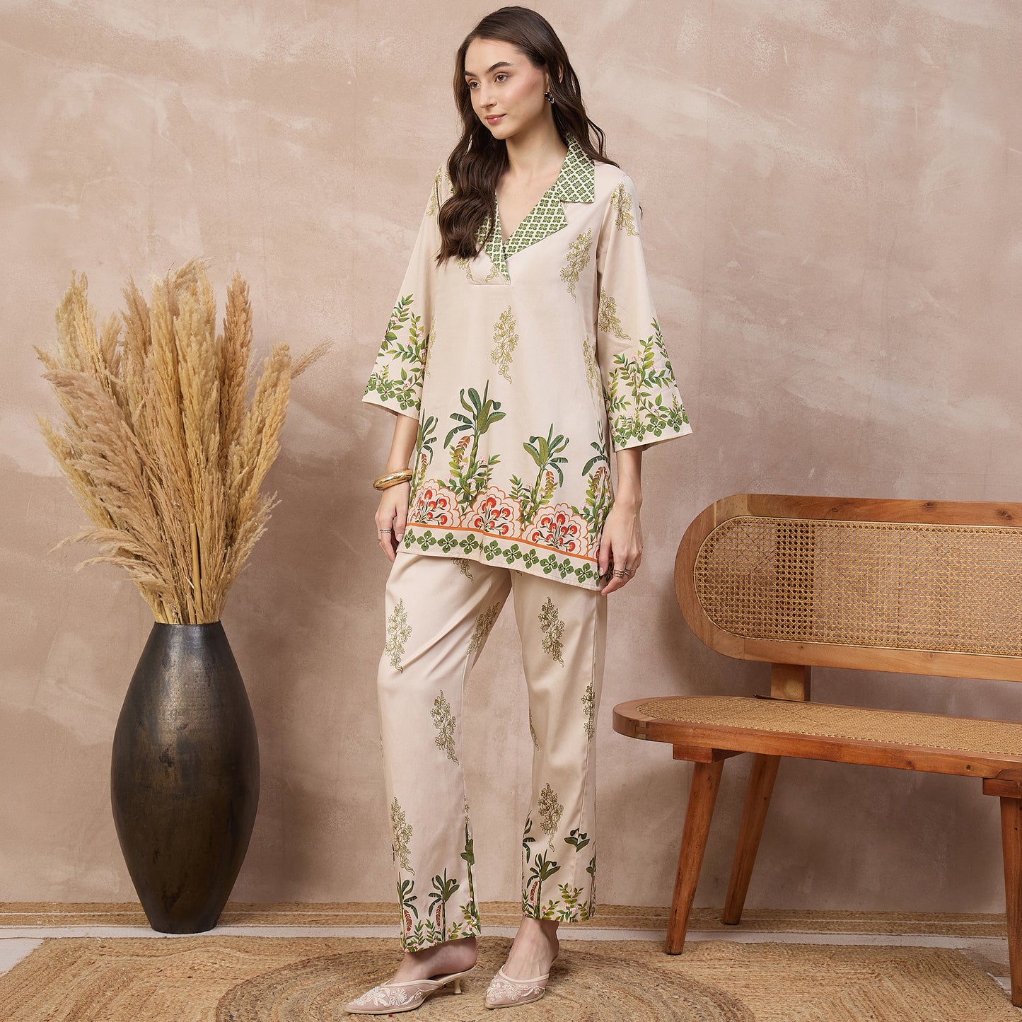 Cream Floral Print Set for Women – Cotton Satin – Model View | First Resort by Ramola Bachchan