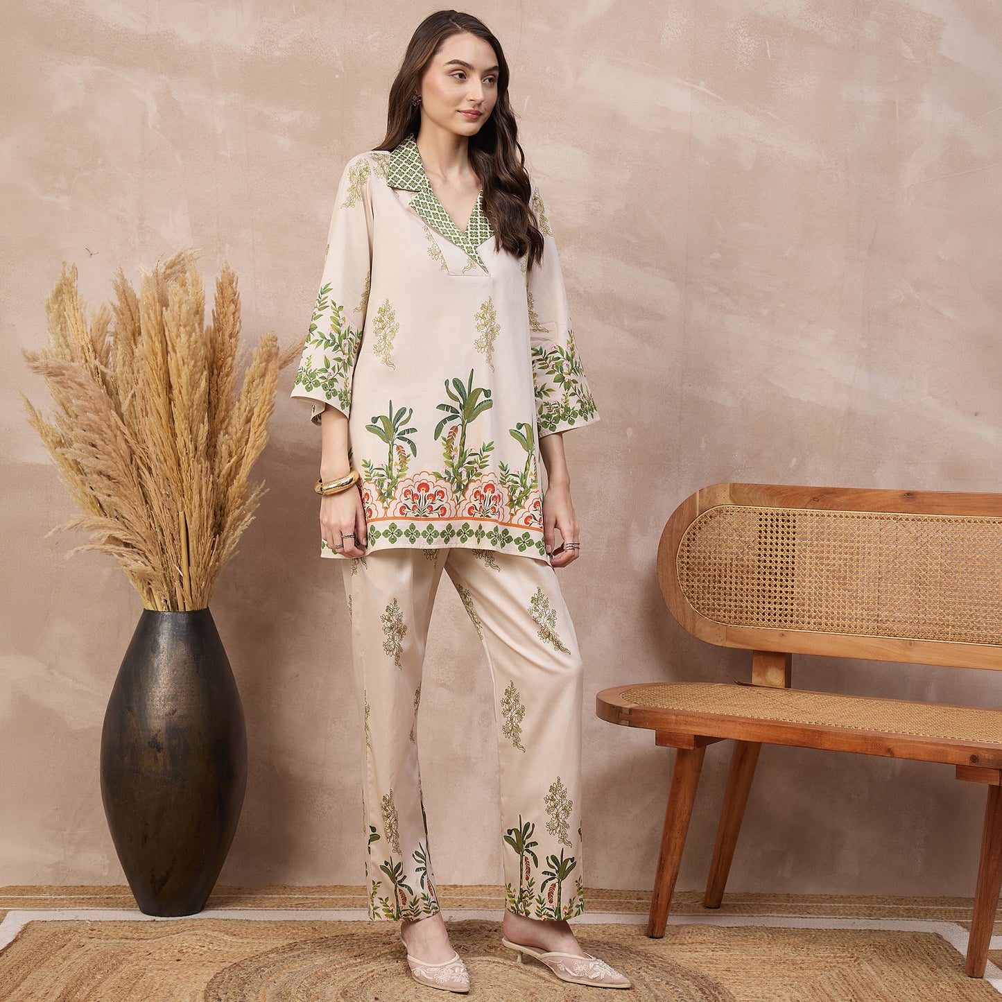 Cream Floral Print Set for Women – Cotton Satin – Side View | First Resort by Ramola Bachchan
