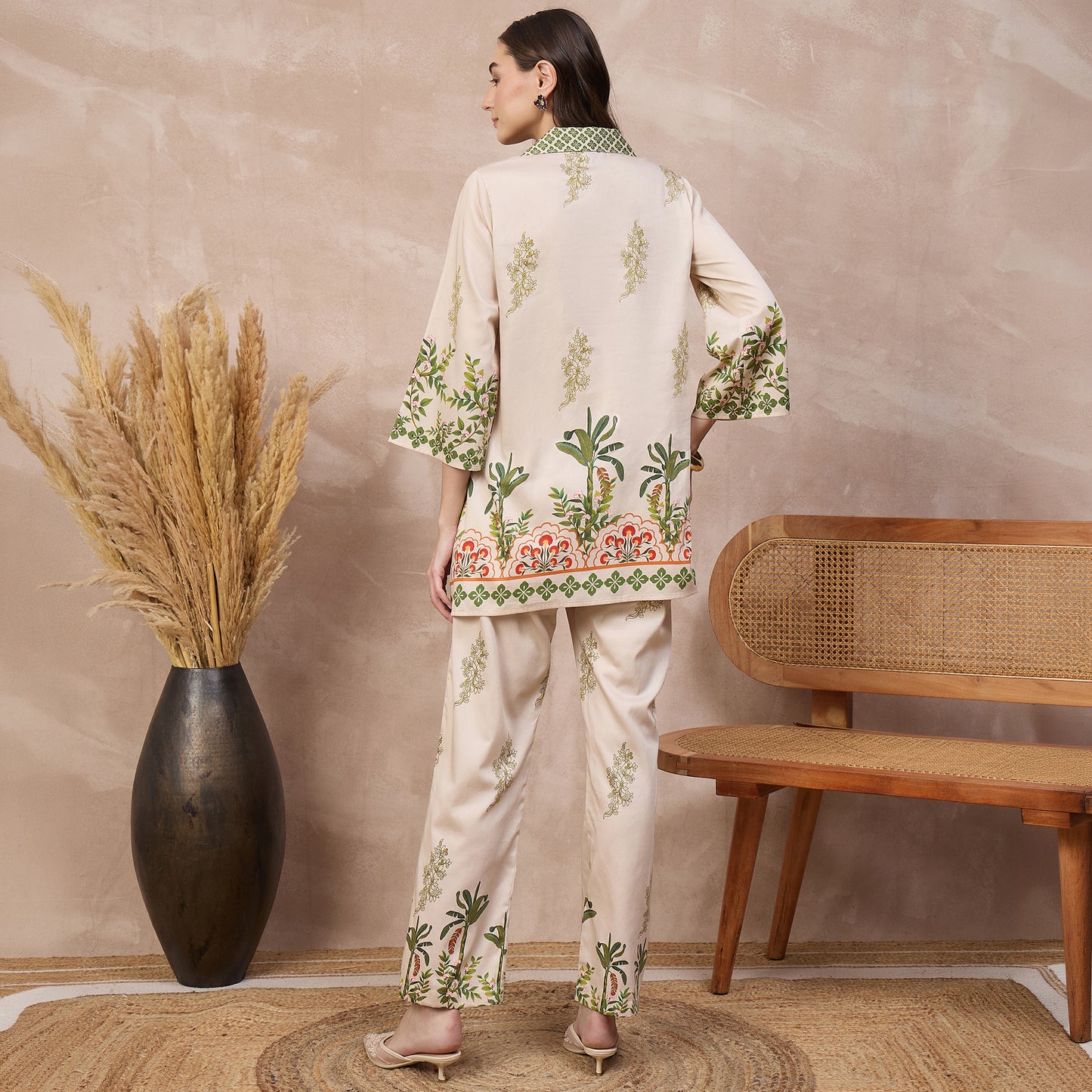 Cream Floral Print Set for Women – Cotton Satin – Detail View | First Resort by Ramola Bachchan