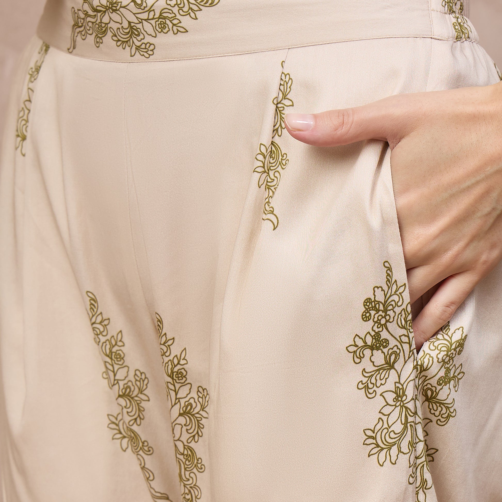 Cream Floral Print Set for Women – Cotton Satin – Back View | First Resort by Ramola Bachchan