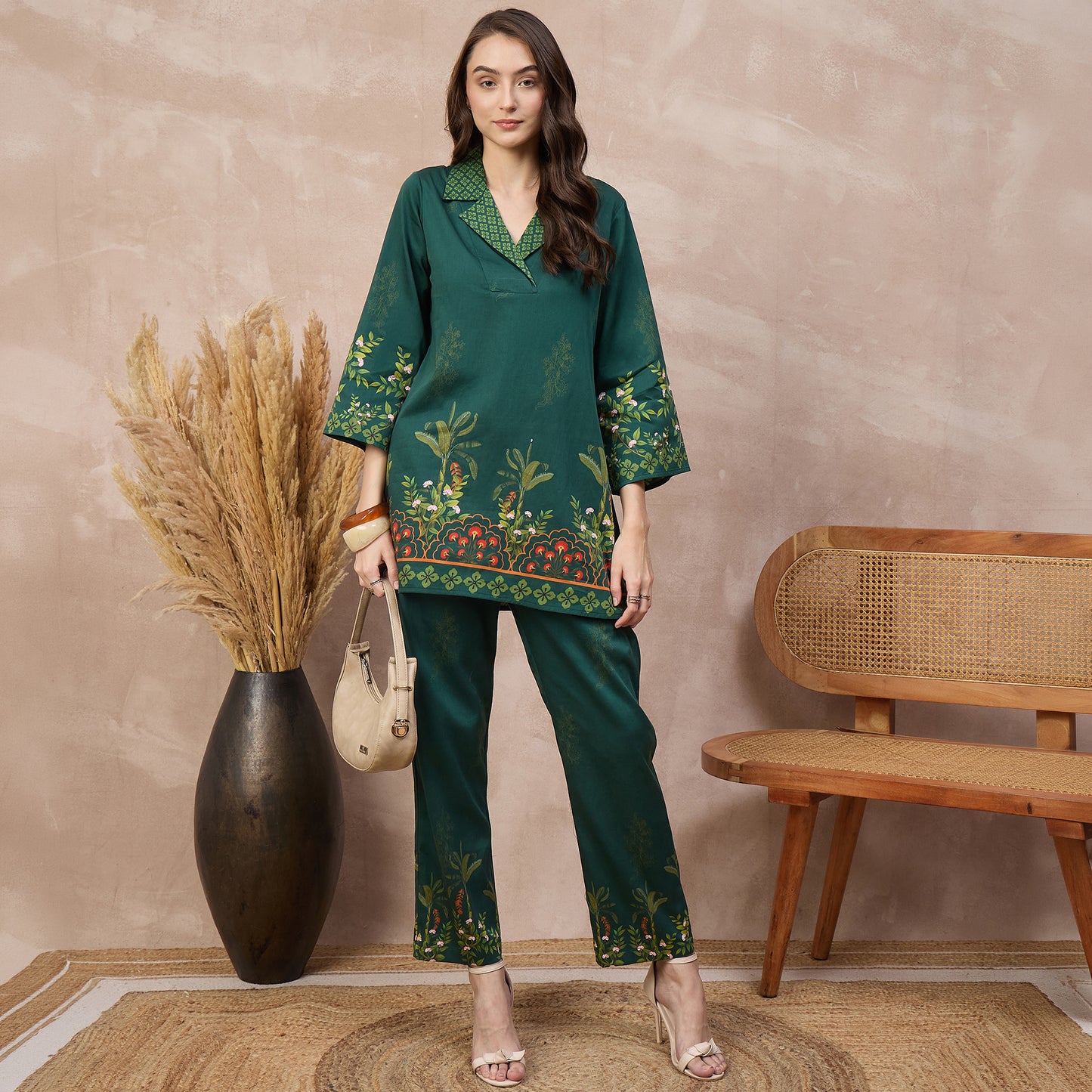 Green Floral Print Set for Women – Cotton Satin – Front View | First Resort by Ramola Bachchan