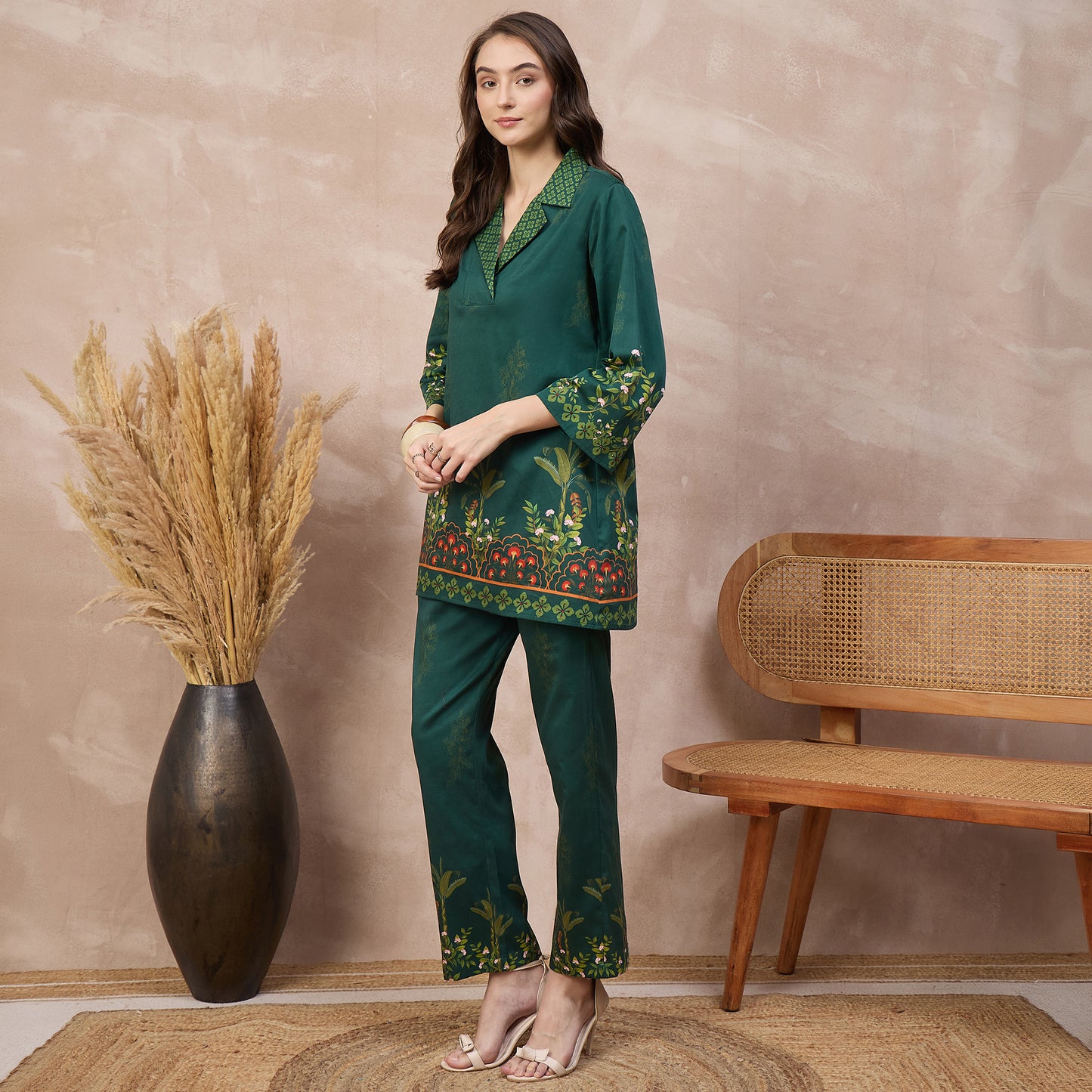 Green Floral Print Set for Women – Cotton Satin – Model View | First Resort by Ramola Bachchan