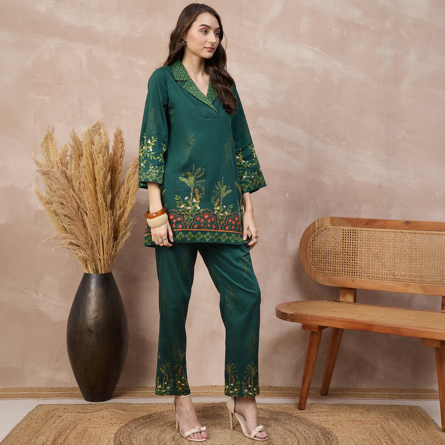 Green Floral Print Set for Women – Cotton Satin – Side View | First Resort by Ramola Bachchan