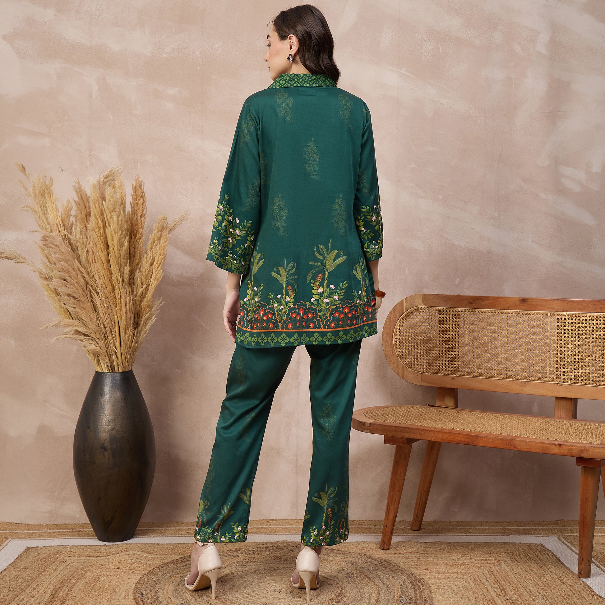 Green Floral Print Set for Women – Cotton Satin – Detail View | First Resort by Ramola Bachchan
