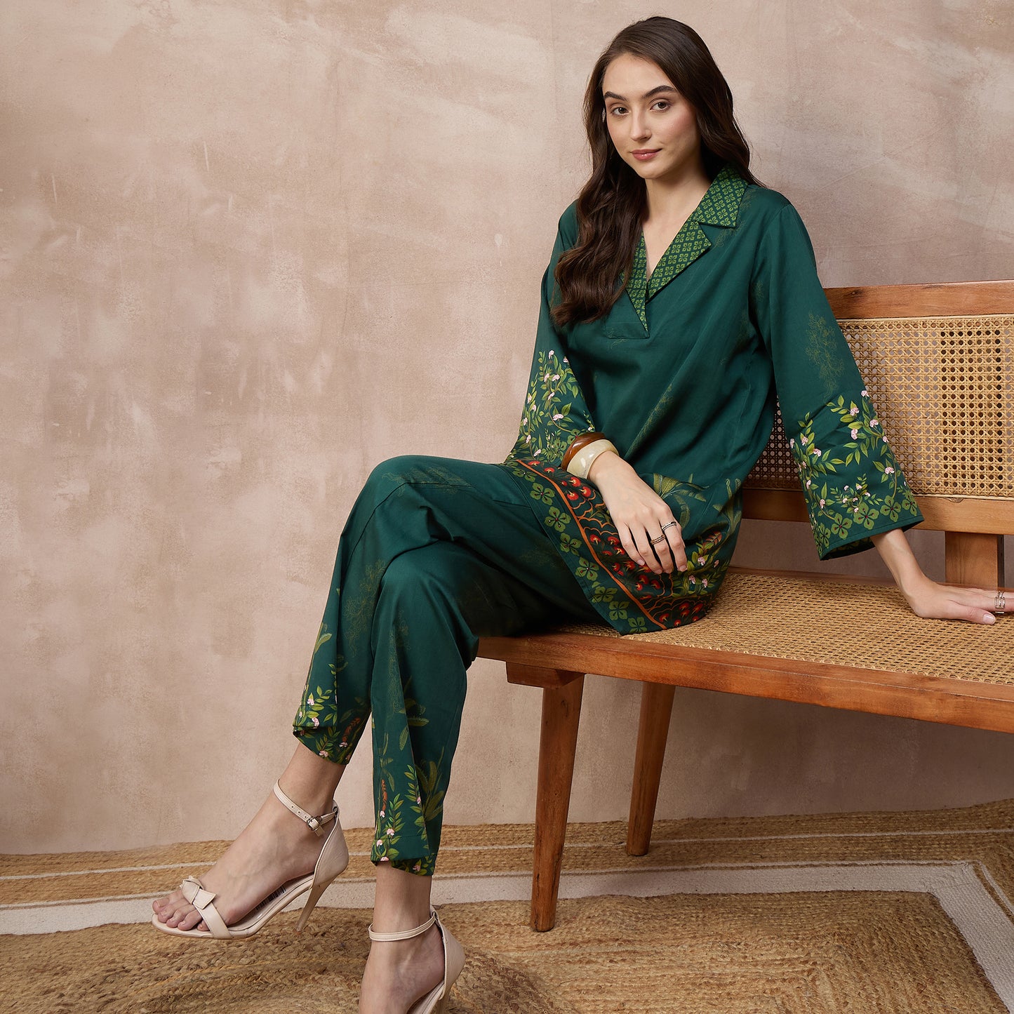 Green Floral Print Set for Women – Cotton Satin – Back View | First Resort by Ramola Bachchan