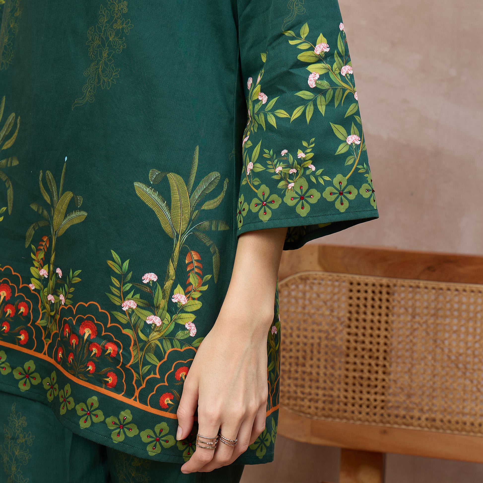 Green Floral Print Set for Women – Cotton Satin | First Resort by Ramola Bachchan