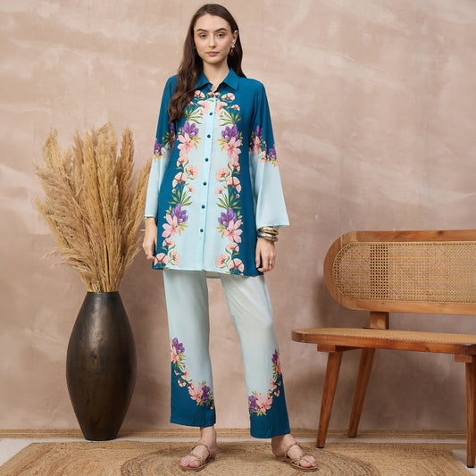Blue Floral Print Set for Women – Bamberg Muslin | First Resort by Ramola Bachchan