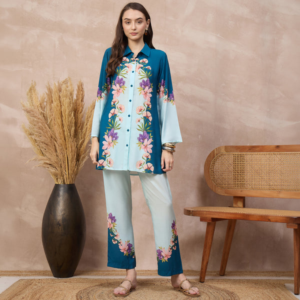 Blue Floral Print Set for Women – Bamberg Muslin | First Resort by Ramola Bachchan