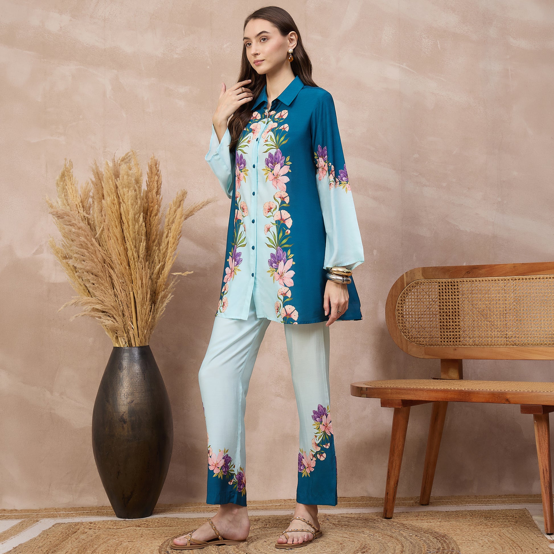 Blue Floral Print Set for Women – Bamberg Muslin – Model View | First Resort by Ramola Bachchan