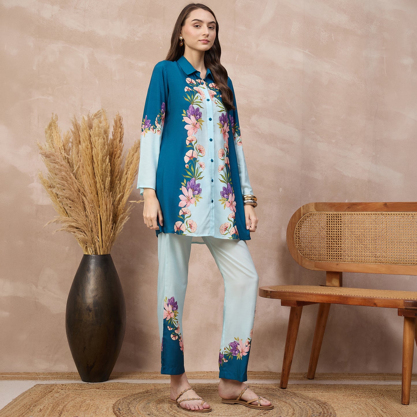 Blue Floral Print Set for Women – Bamberg Muslin – Side View | First Resort by Ramola Bachchan