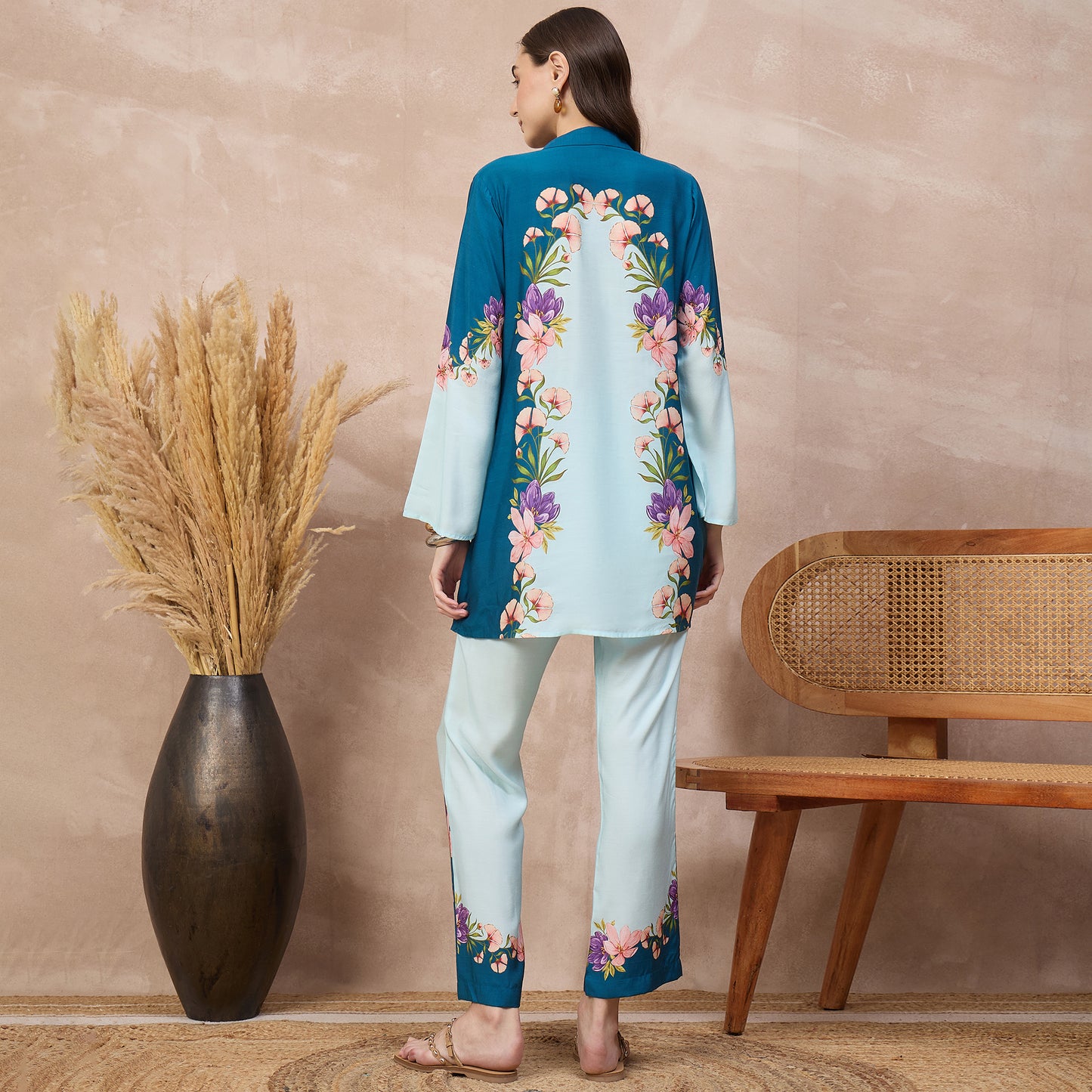 Blue Floral Print Set for Women – Bamberg Muslin – Detail View | First Resort by Ramola Bachchan