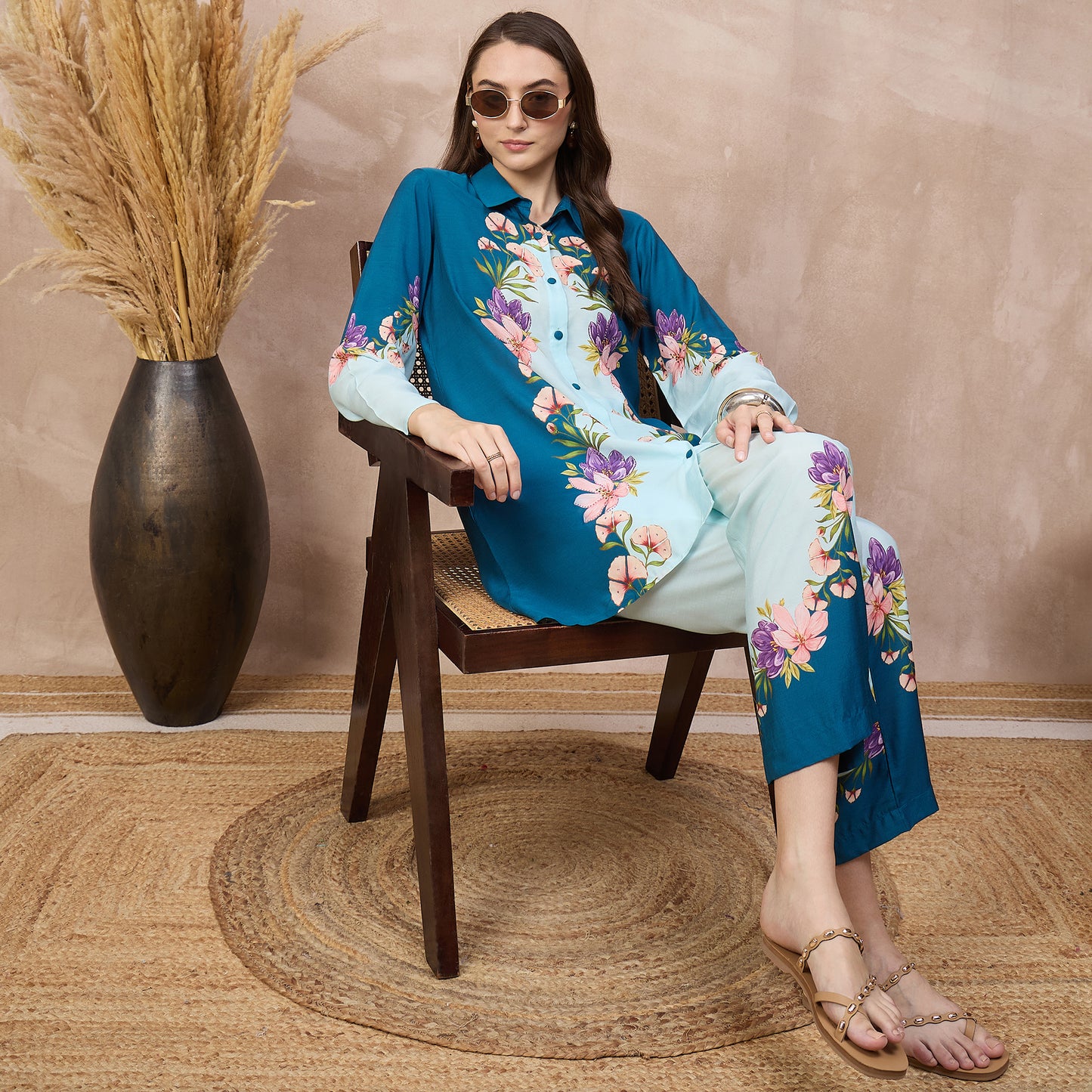 Blue Floral Print Set for Women – Bamberg Muslin – Back View | First Resort by Ramola Bachchan