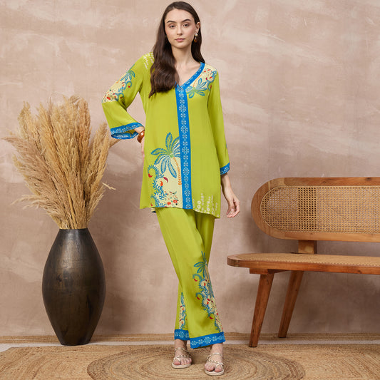 Lime Green Floral Print Set for Women – Viscose Crepe | First Resort by Ramola Bachchan