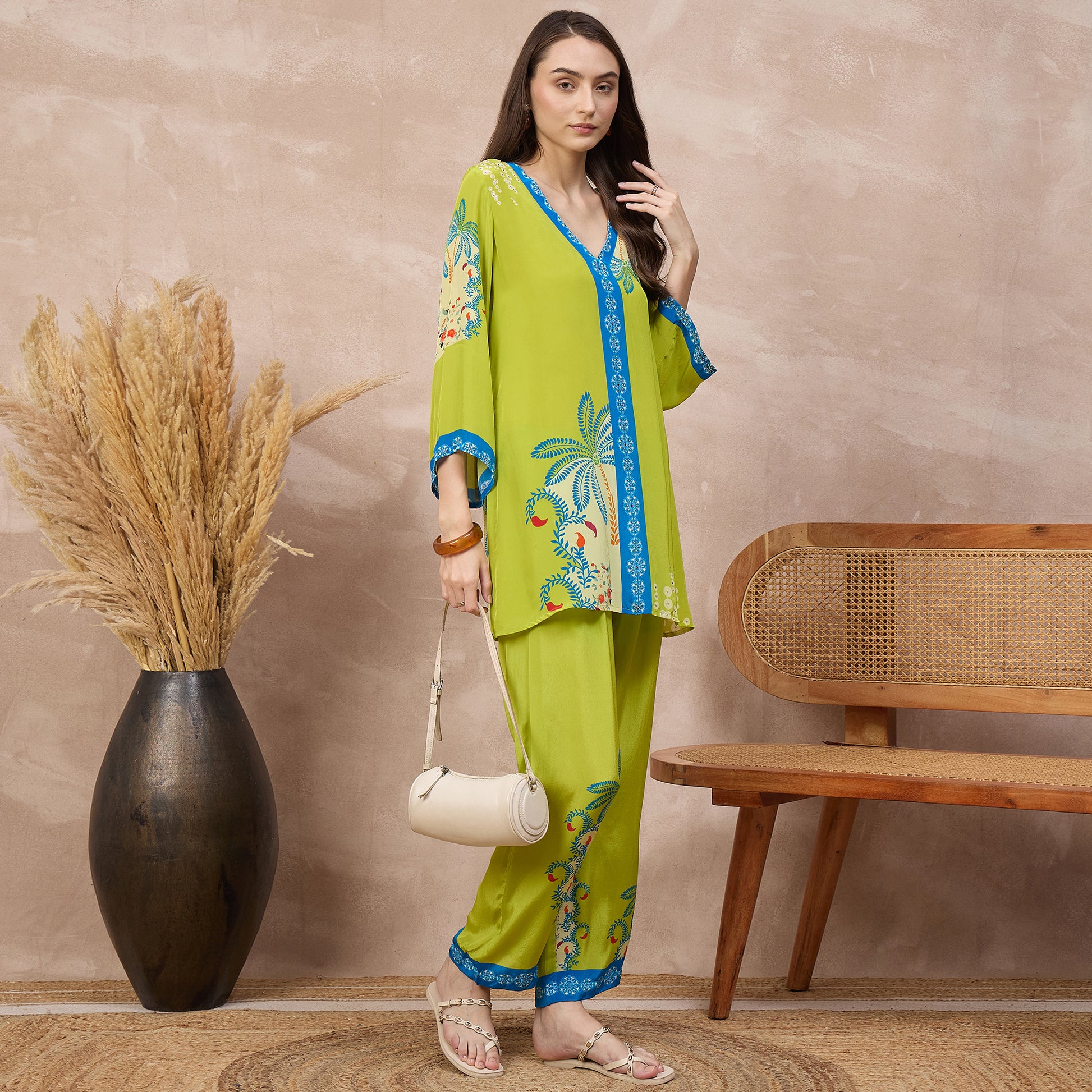 Lime Green Floral Print Set for Women – Viscose Crepe – Front View | First Resort by Ramola Bachchan