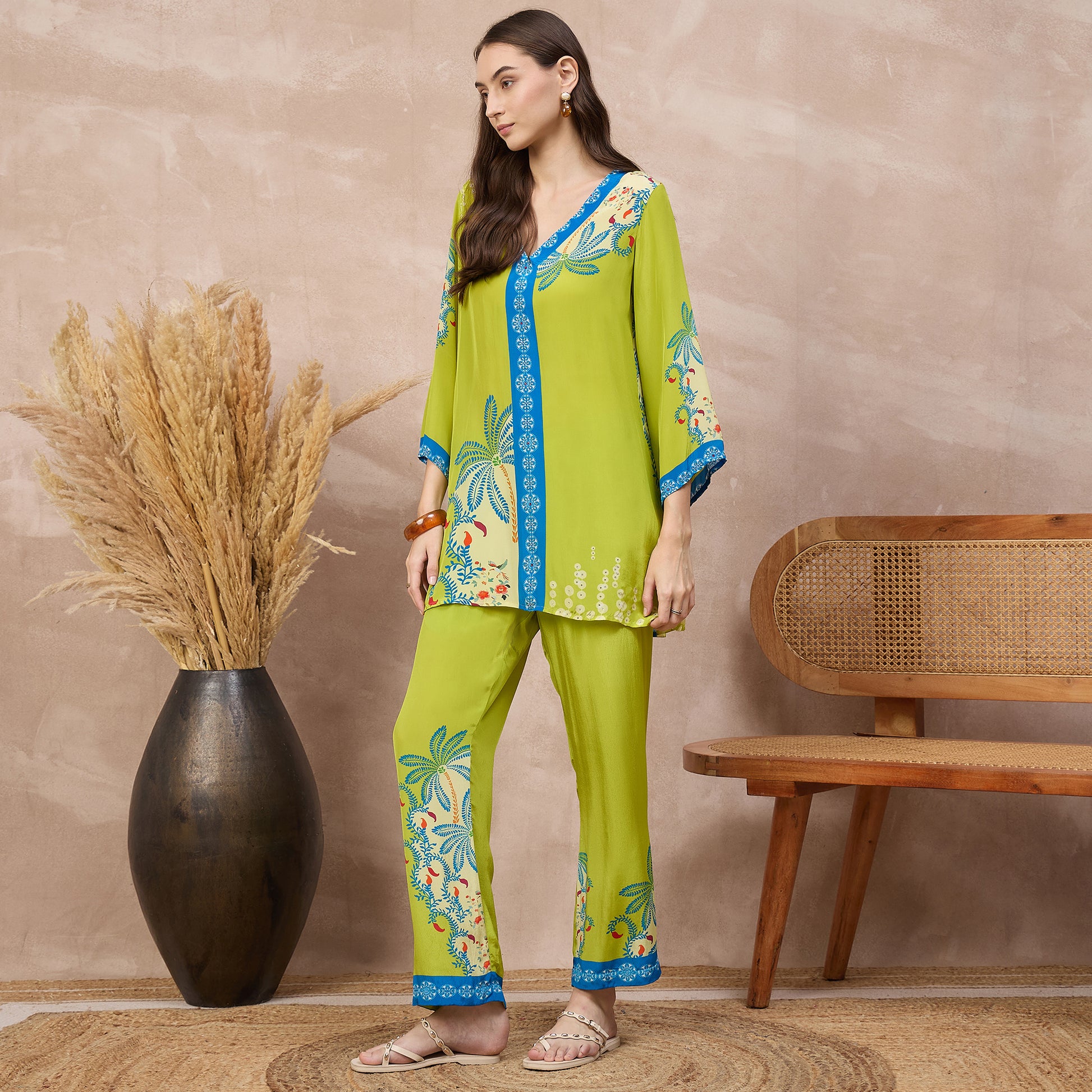 Lime Green Floral Print Set for Women – Viscose Crepe – Model View | First Resort by Ramola Bachchan