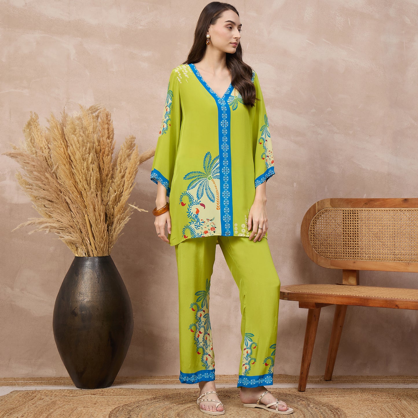 Lime Green Floral Print Set for Women – Viscose Crepe – Side View | First Resort by Ramola Bachchan