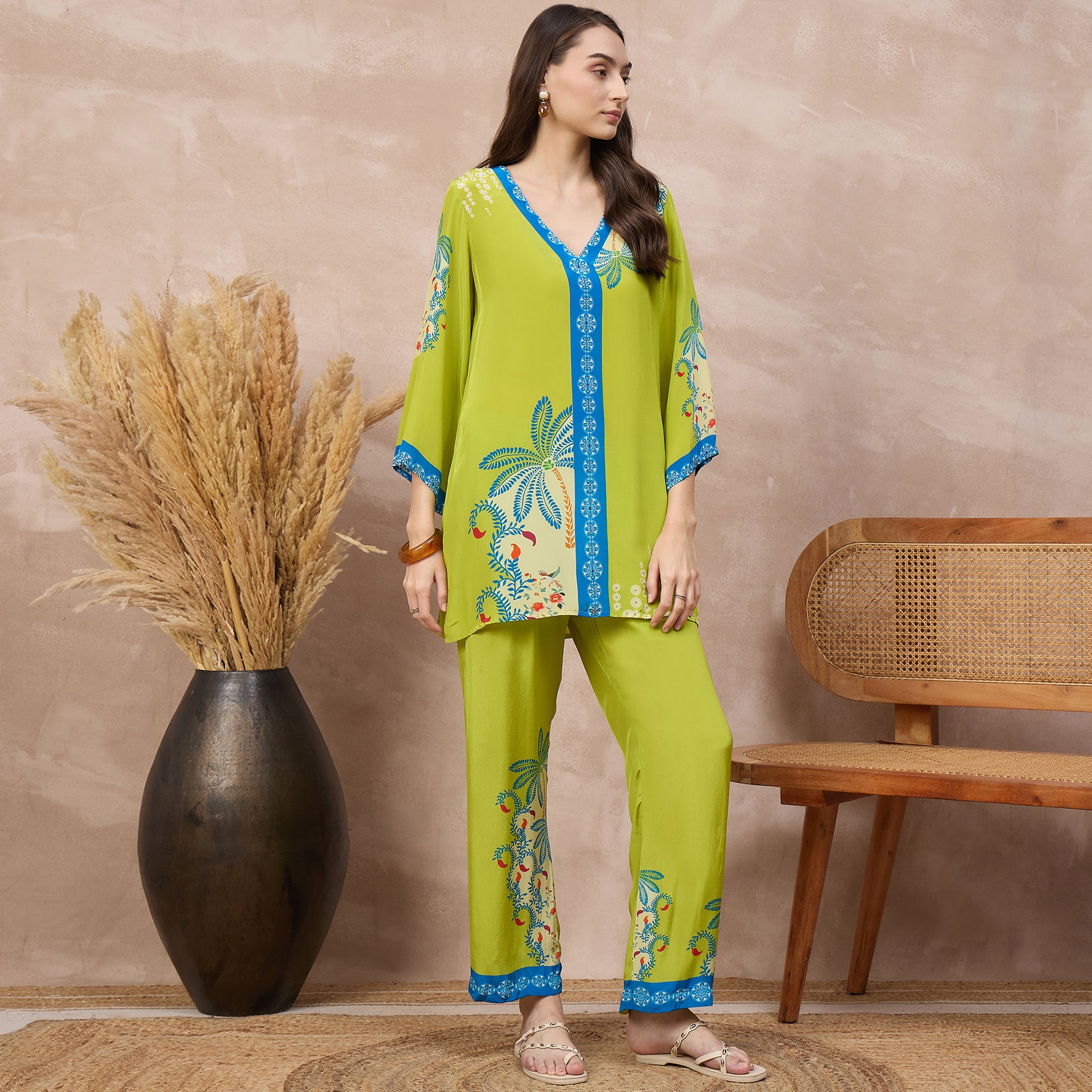 Lime Green Floral Print Set for Women – Viscose Crepe – Side View | First Resort by Ramola Bachchan