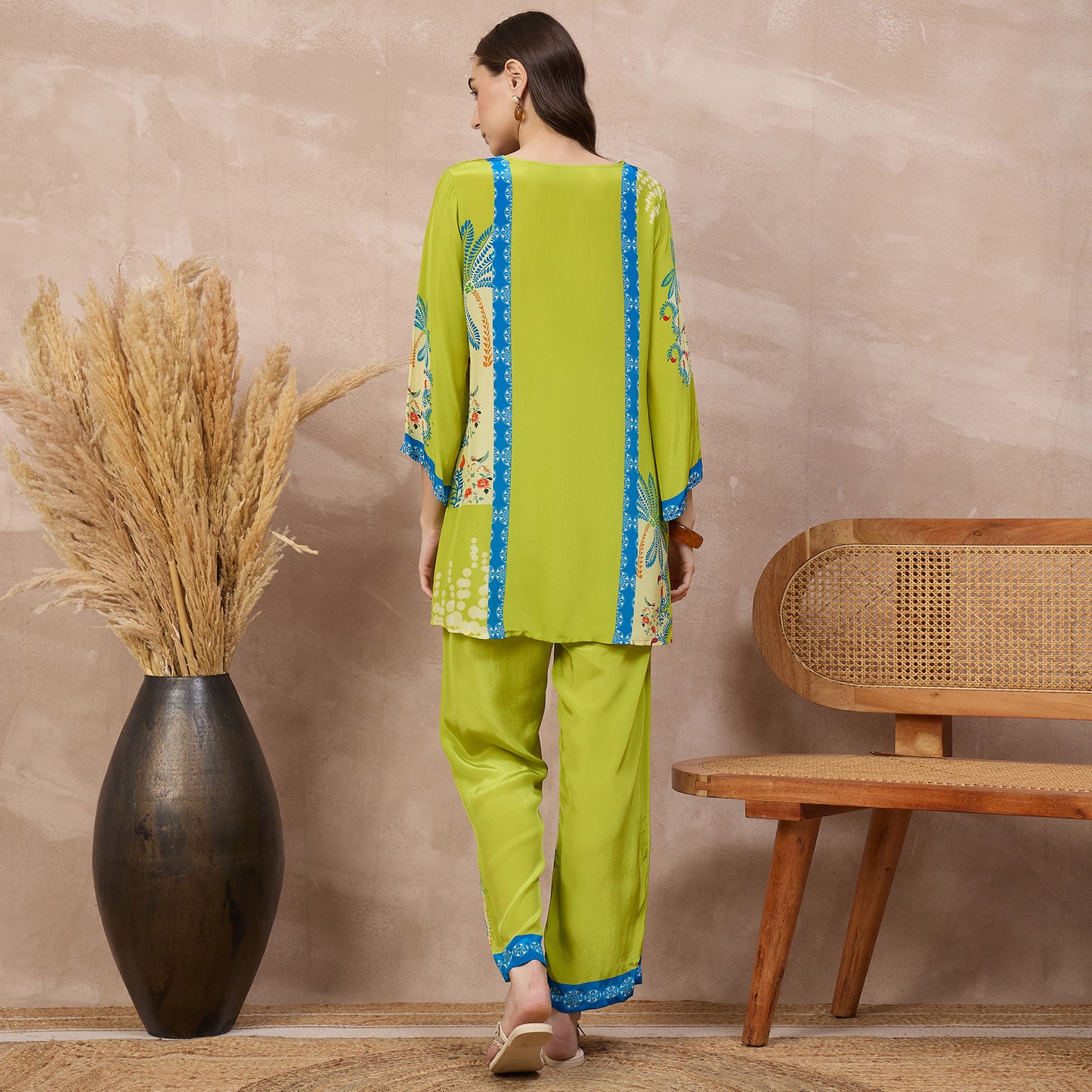 Lime Green Floral Print Set for Women – Viscose Crepe – Detail View | First Resort by Ramola Bachchan
