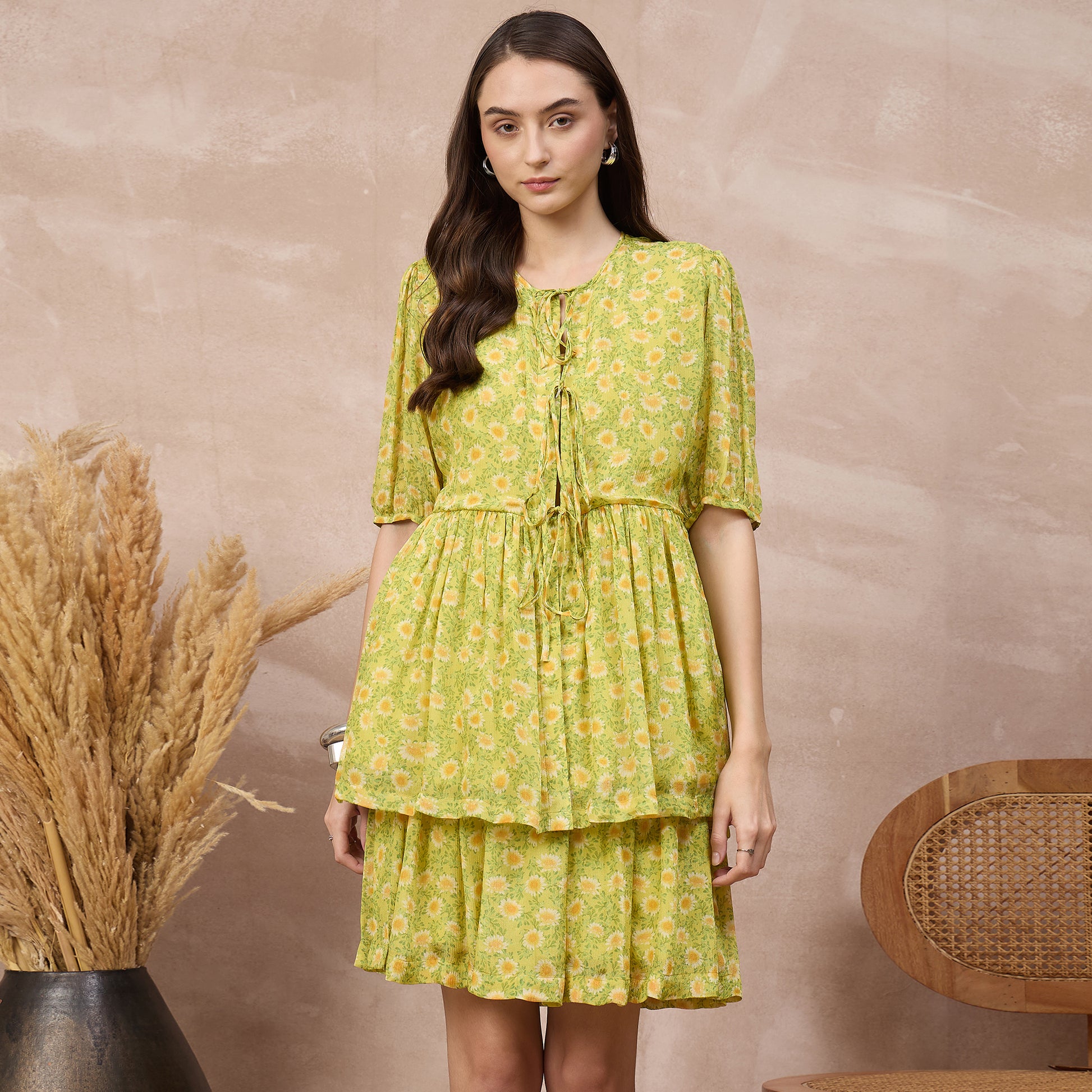 Lemon Yellow Floral Print Set for Women – Viscose Chinon Chiffon | First Resort by Ramola Bachchan