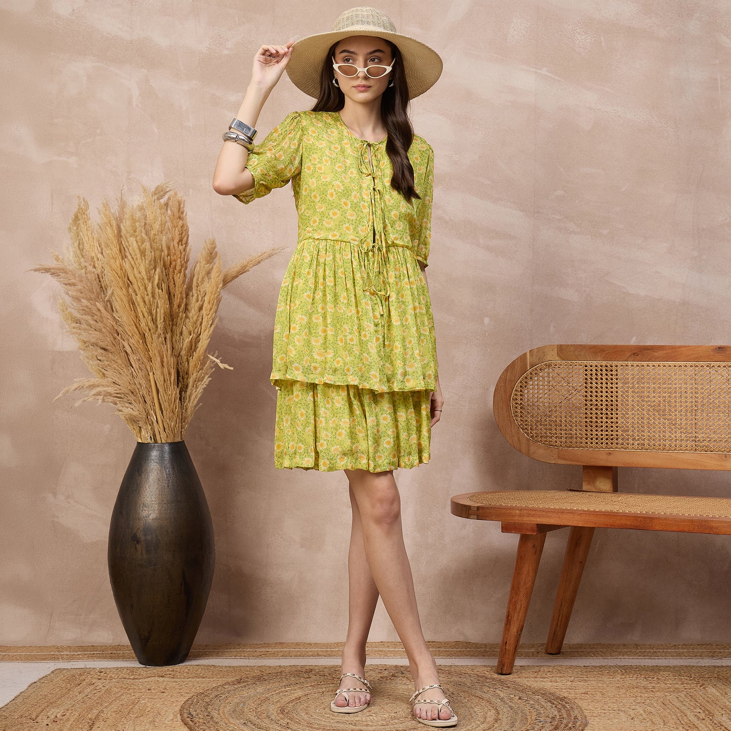Lemon Yellow Floral Print Set for Women – Viscose Chinon Chiffon – Front View | First Resort by Ramola Bachchan
