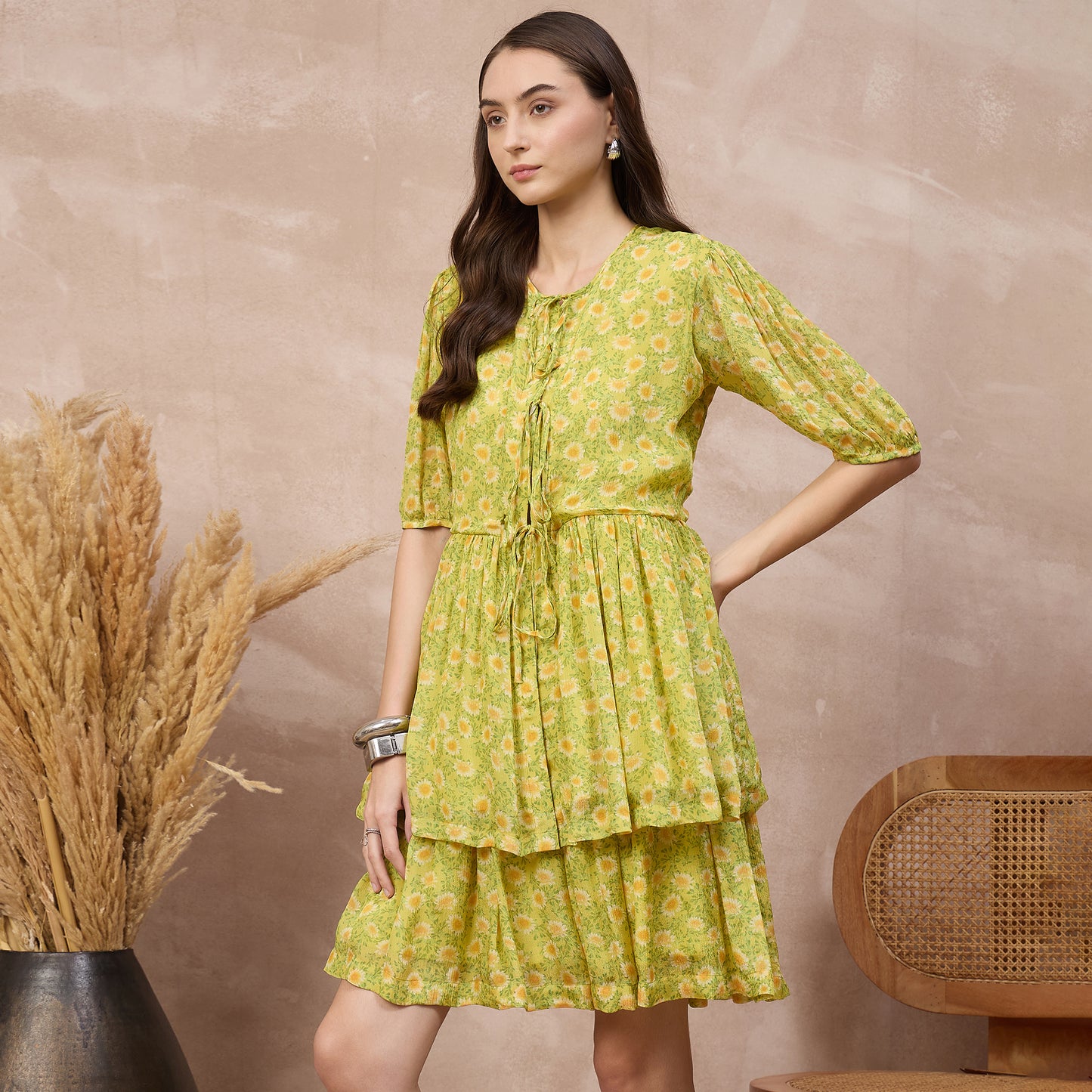 Lemon Yellow Floral Print Set for Women – Viscose Chinon Chiffon – Model View | First Resort by Ramola Bachchan