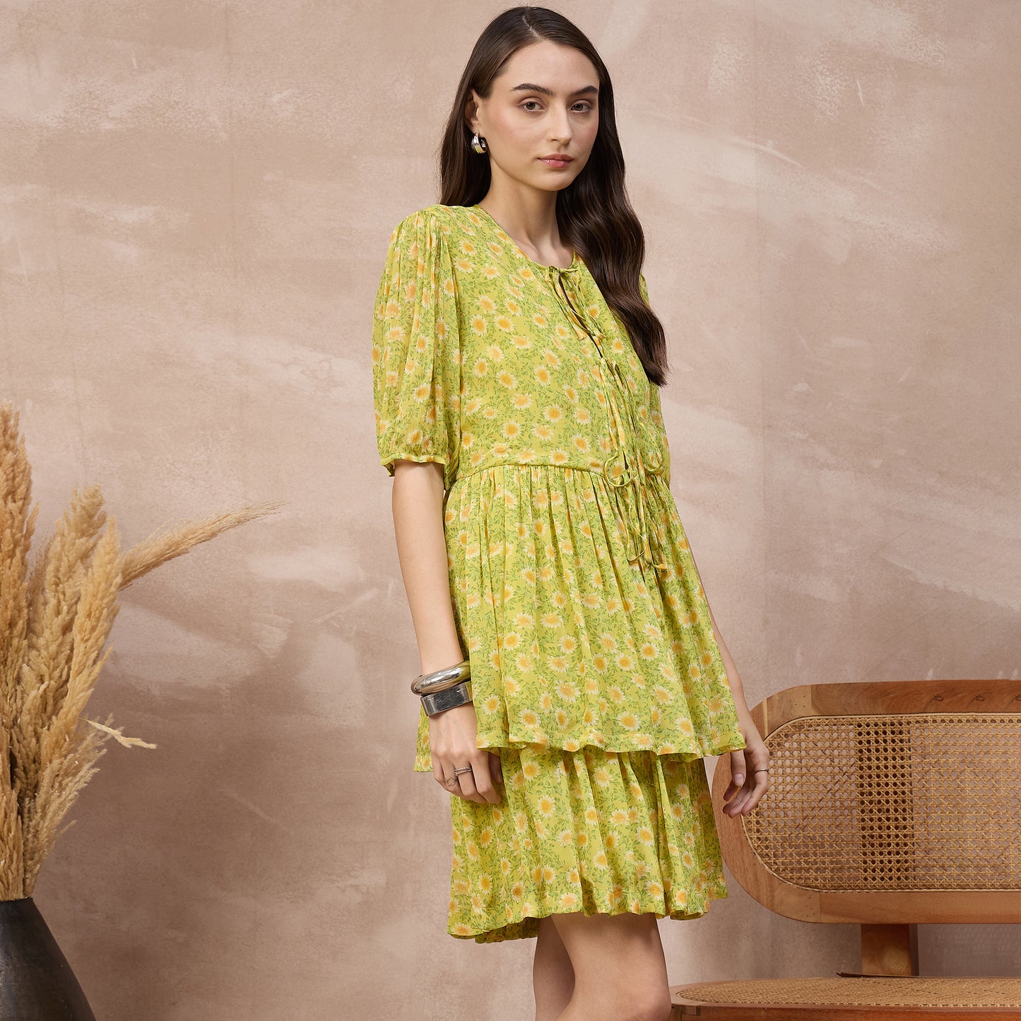 Lemon Yellow Floral Print Set for Women – Viscose Chinon Chiffon – Side View | First Resort by Ramola Bachchan