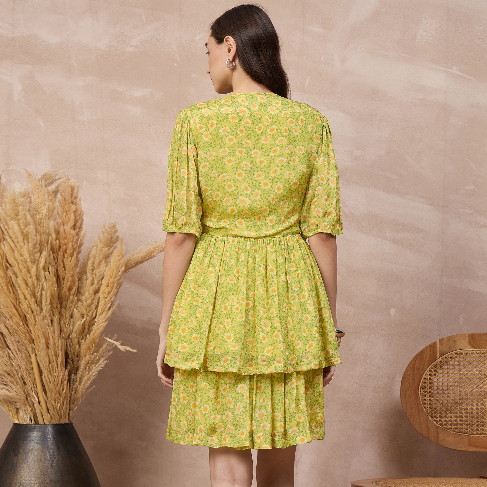 Lemon Yellow Floral Print Set for Women – Viscose Chinon Chiffon – Detail View | First Resort by Ramola Bachchan