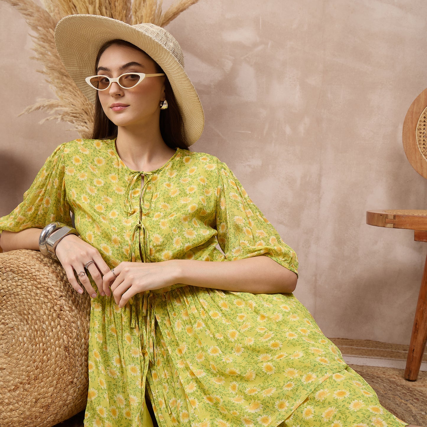 Lemon Yellow Floral Print Set for Women – Viscose Chinon Chiffon – Back View | First Resort by Ramola Bachchan