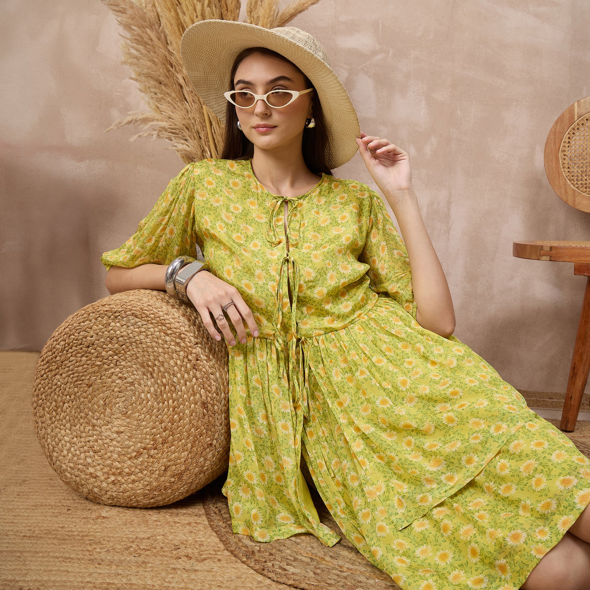 Lemon Yellow Floral Print Set for Women – Viscose Chinon Chiffon | First Resort by Ramola Bachchan