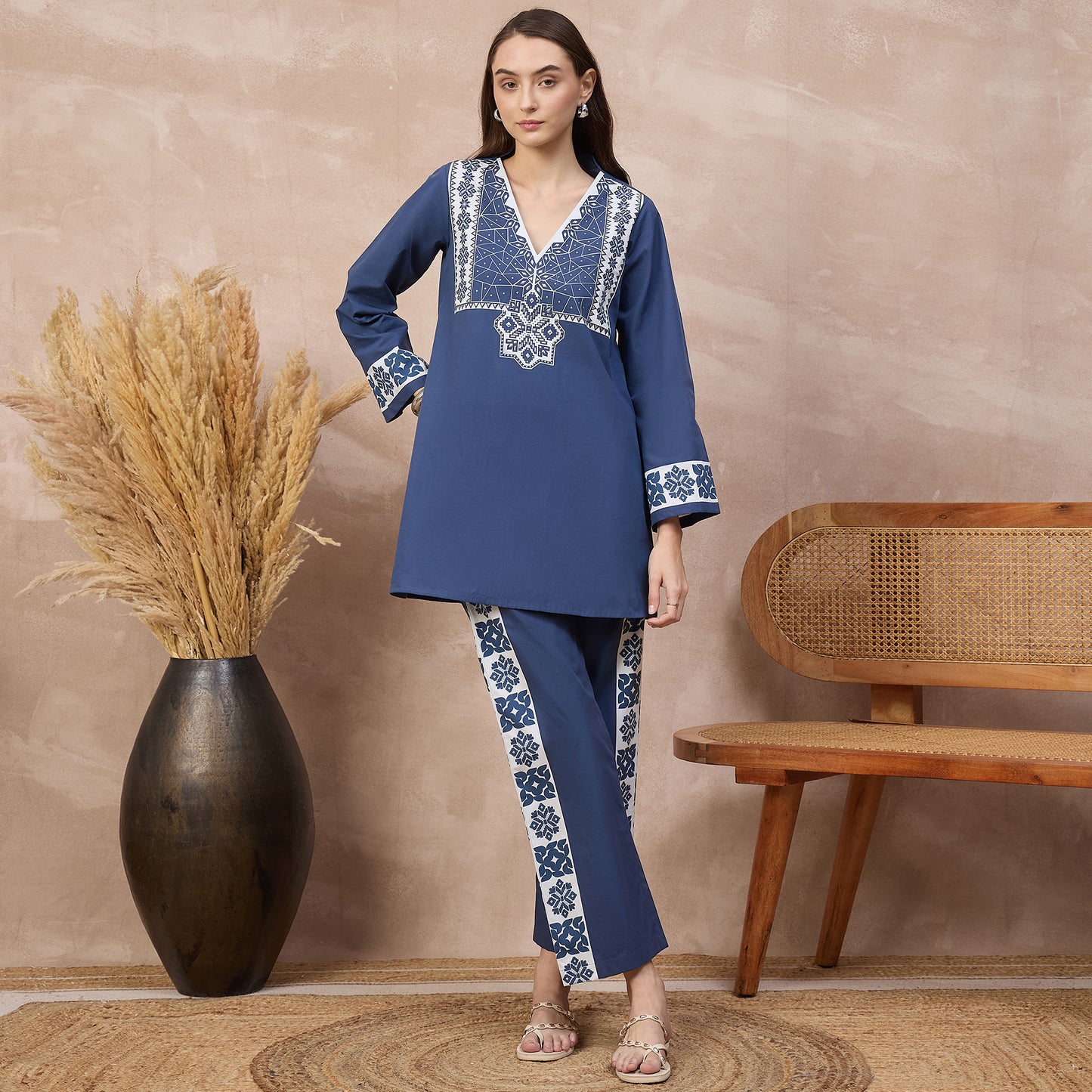 Blue and White Geometric Print Set for Women – Cotton Poplin | First Resort by Ramola Bachchan