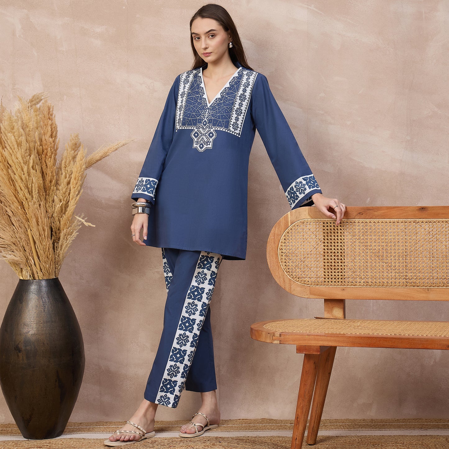 Blue and White Geometric Print Set for Women – Cotton Poplin – Front View | First Resort by Ramola Bachchan