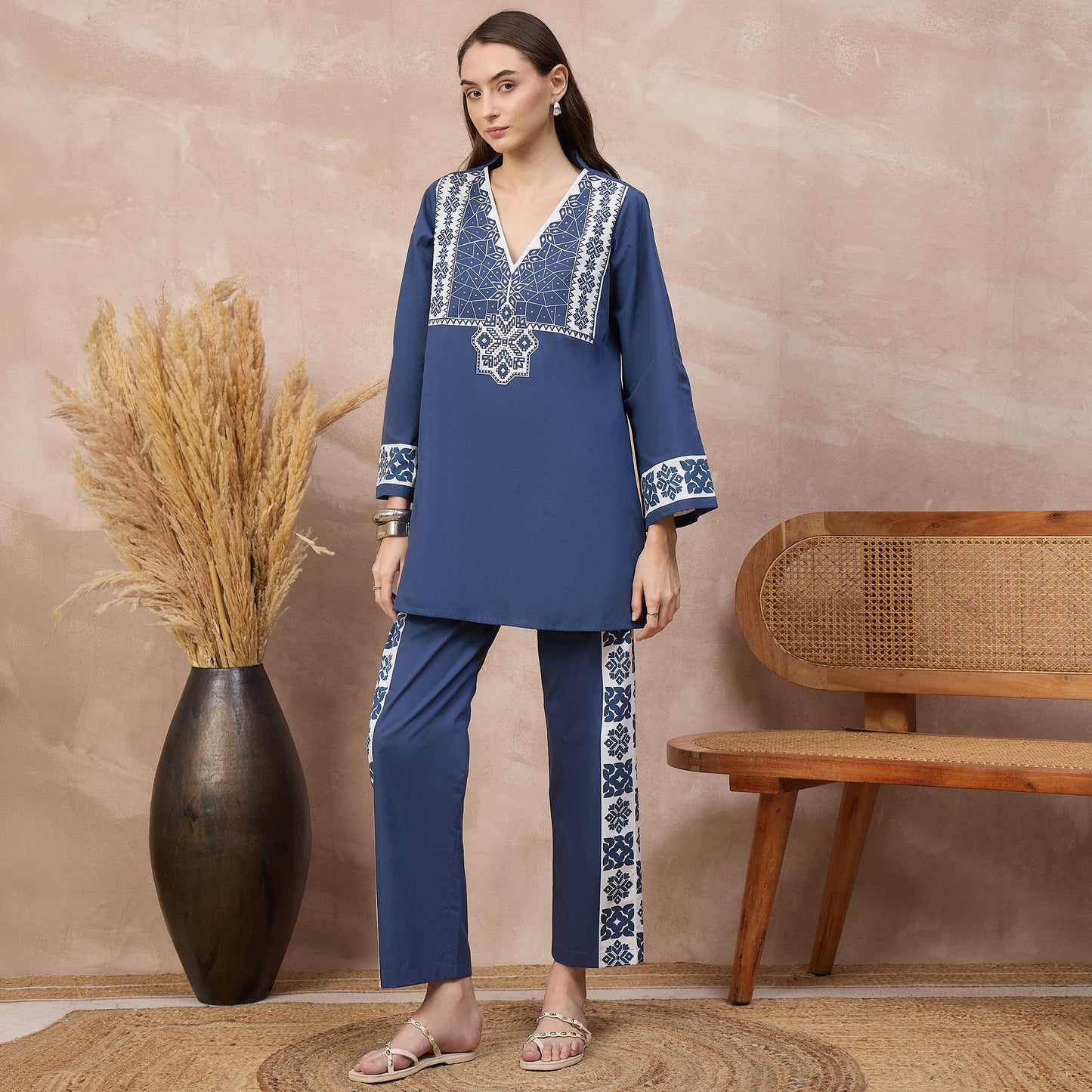 Blue and White Geometric Print Set for Women – Cotton Poplin – Model View | First Resort by Ramola Bachchan