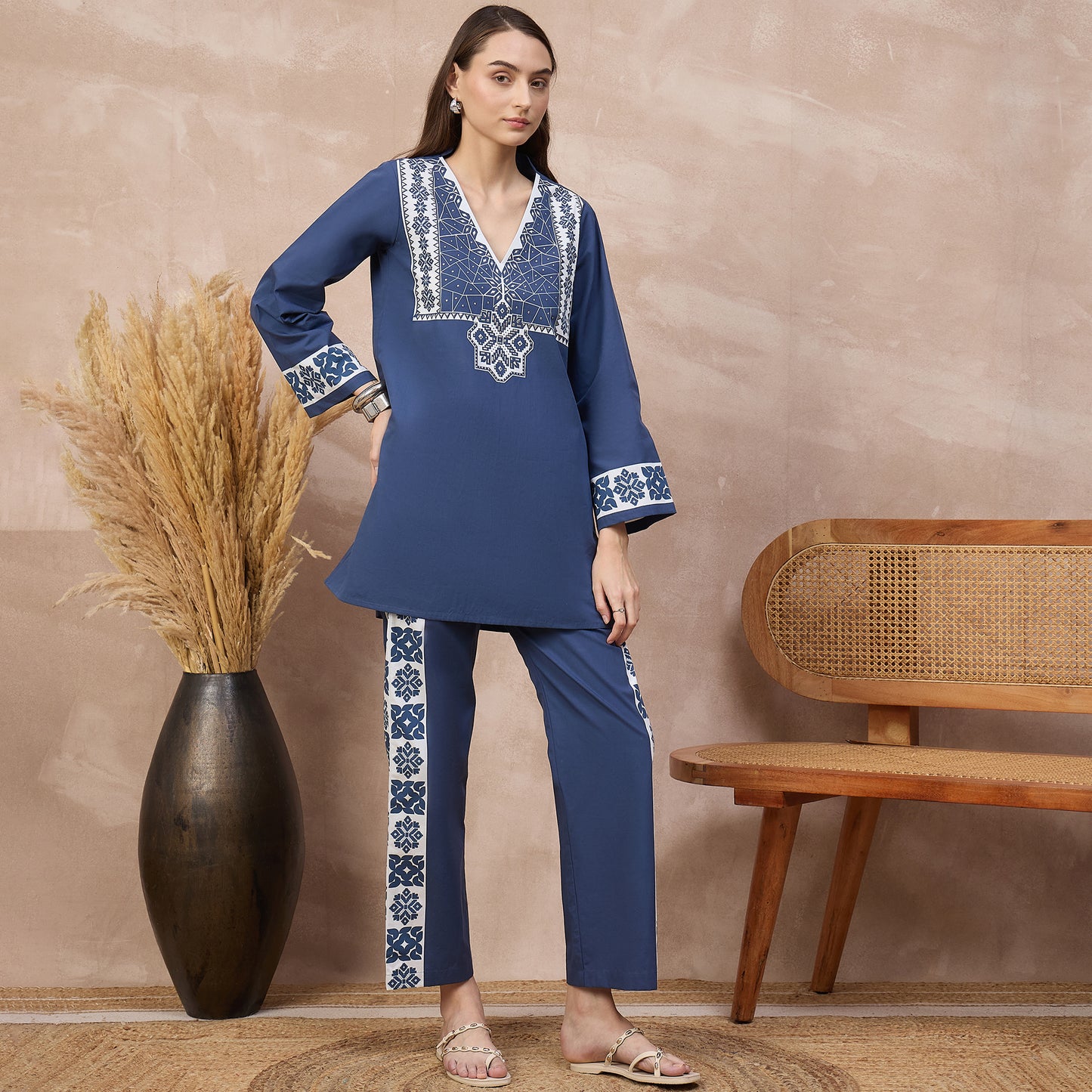 Blue and White Geometric Print Set for Women – Cotton Poplin – Side View | First Resort by Ramola Bachchan