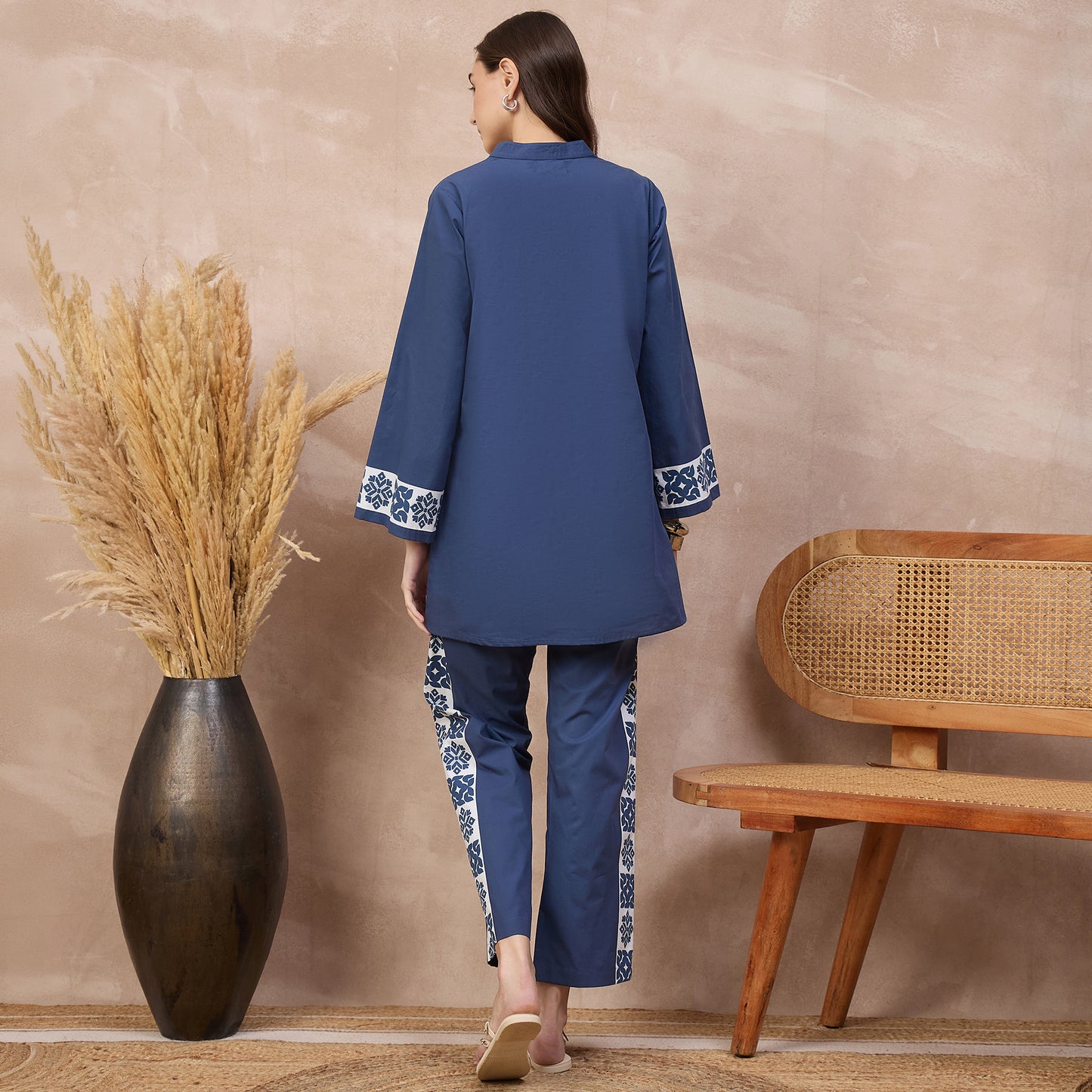 Blue and White Geometric Print Set for Women – Cotton Poplin – Detail View | First Resort by Ramola Bachchan