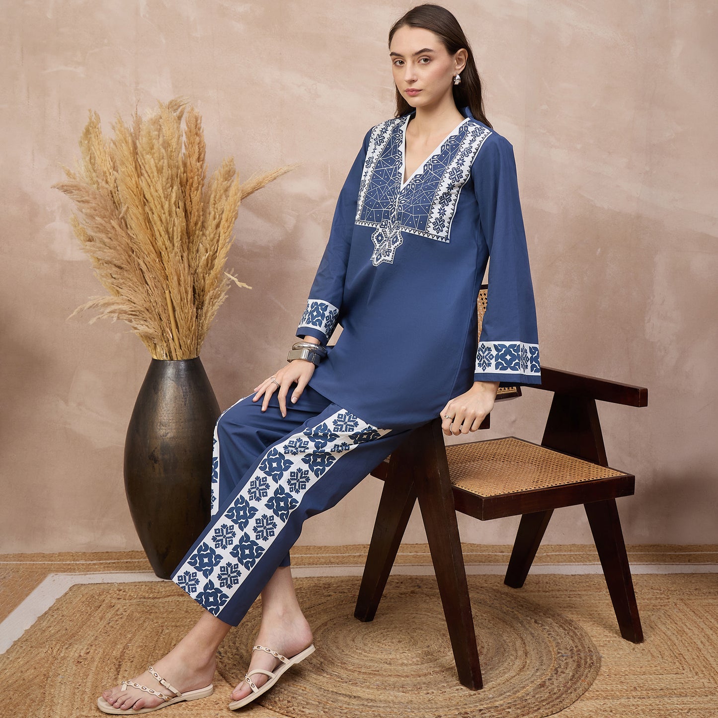 Blue and White Geometric Print Set for Women – Cotton Poplin – Back View | First Resort by Ramola Bachchan