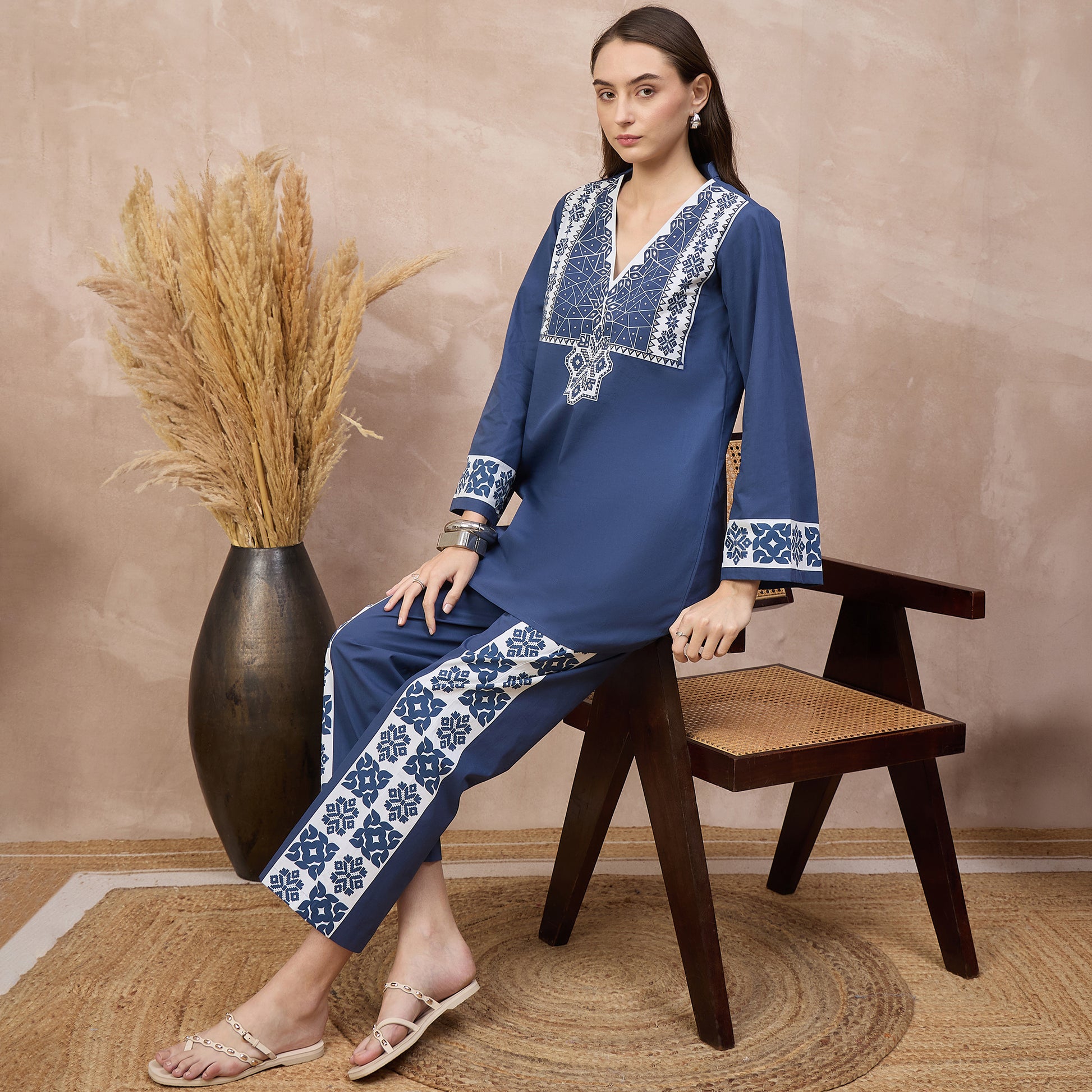 Blue and White Geometric Print Set for Women – Cotton Poplin – Back View | First Resort by Ramola Bachchan